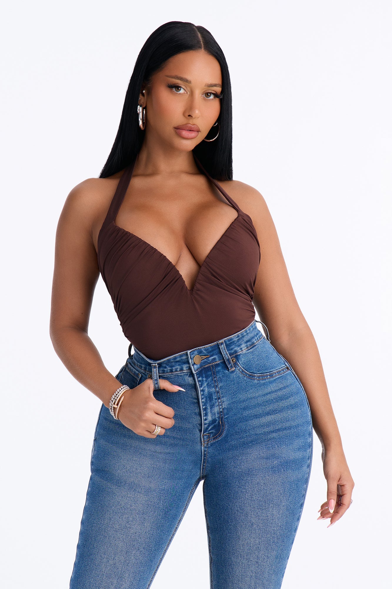 Date Night V-Wire Ruched Halter Bodysuit - Chocolate image 7
