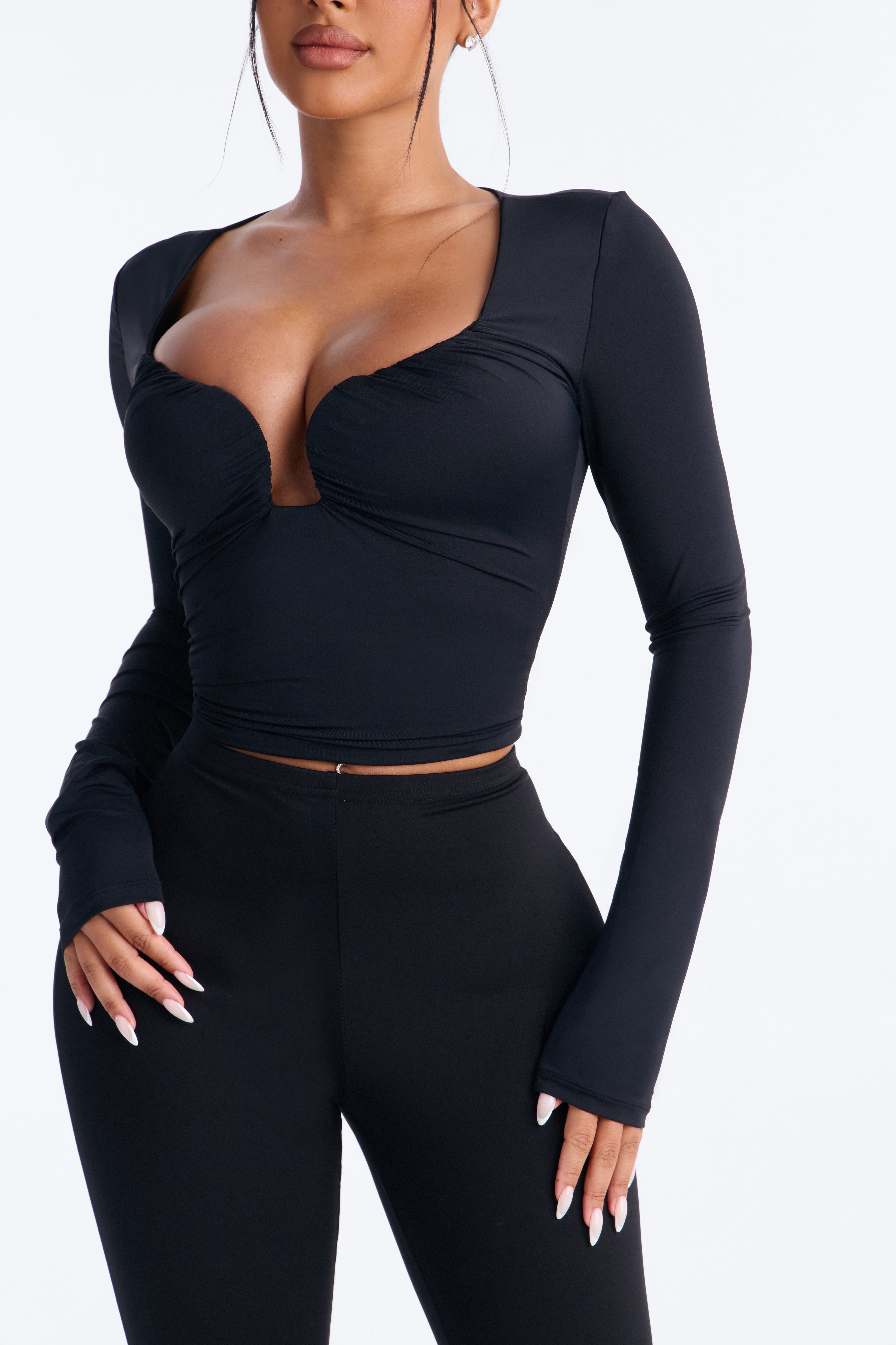 Katherine Ruched V-Neck Long Sleeve Top - Black image 7