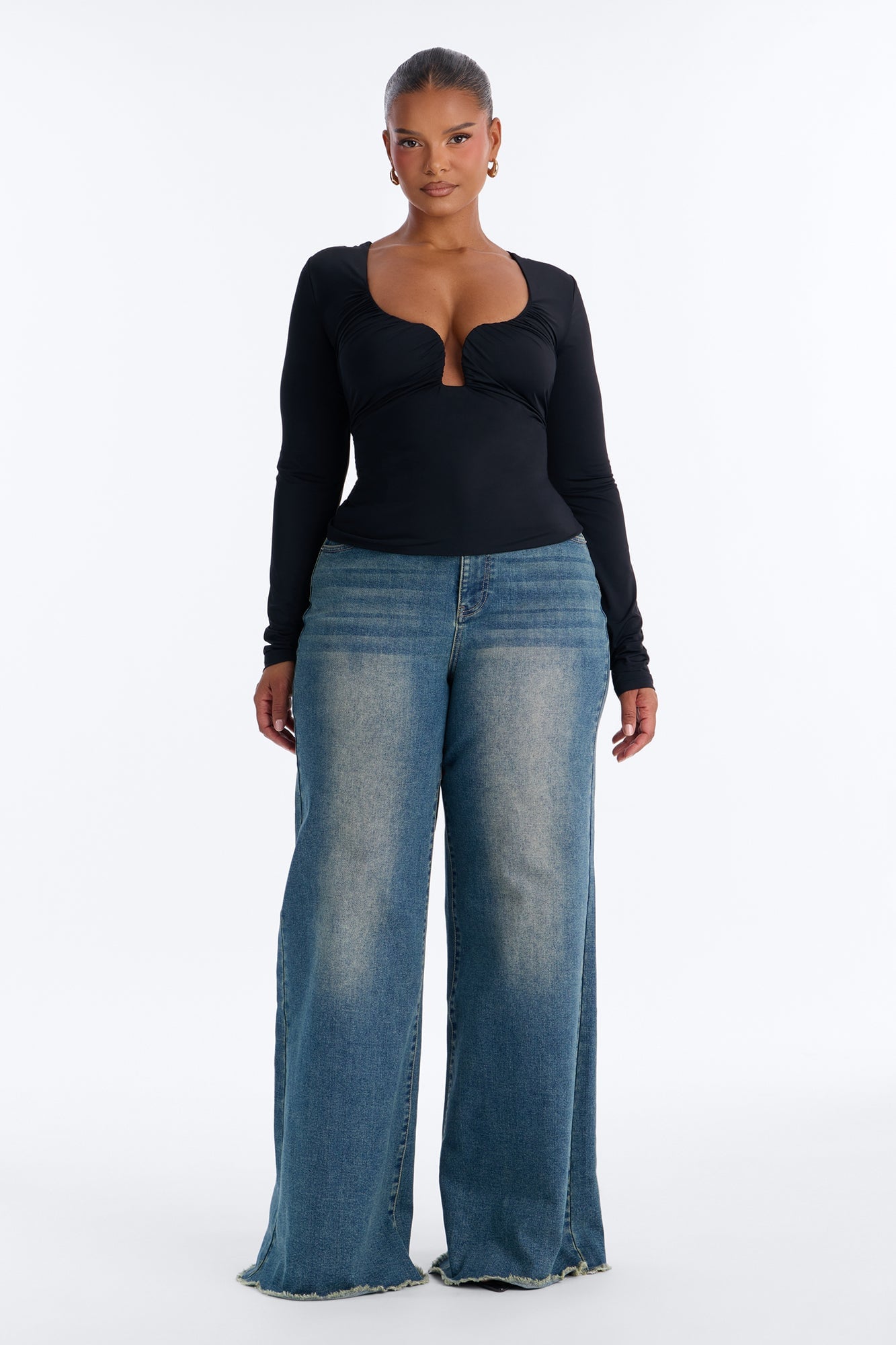 Katherine Ruched V-Neck Long Sleeve Top - Black image 1