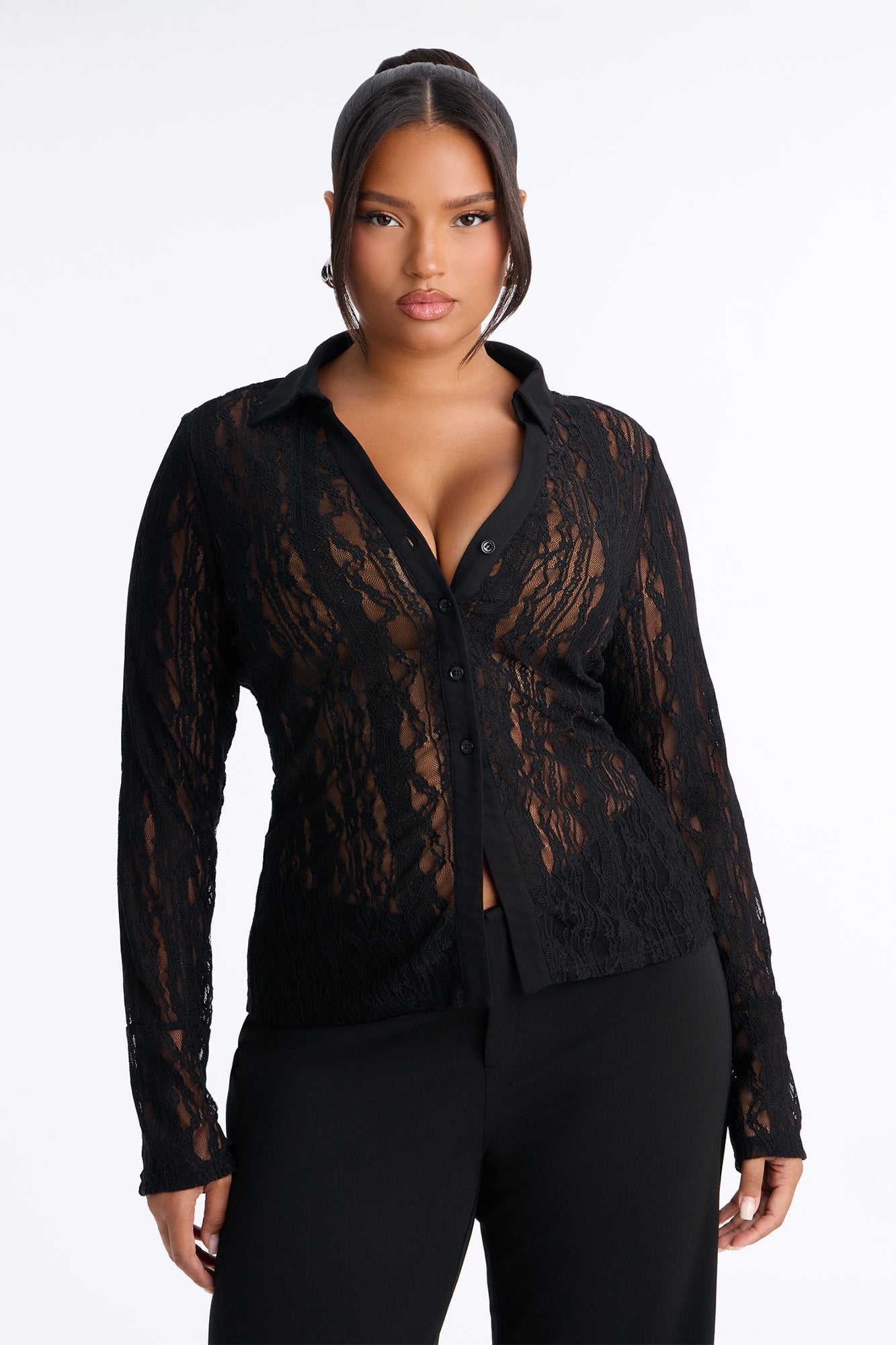 French Riviera Lace Long Sleeve Shirt - Black image 1