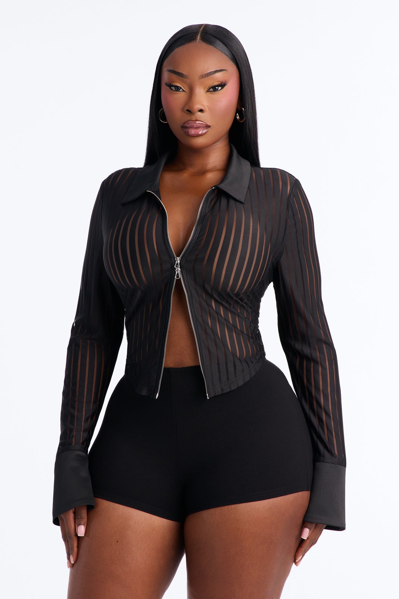 Megan Mesh Long Sleeve Zip Up Top - Black image 1