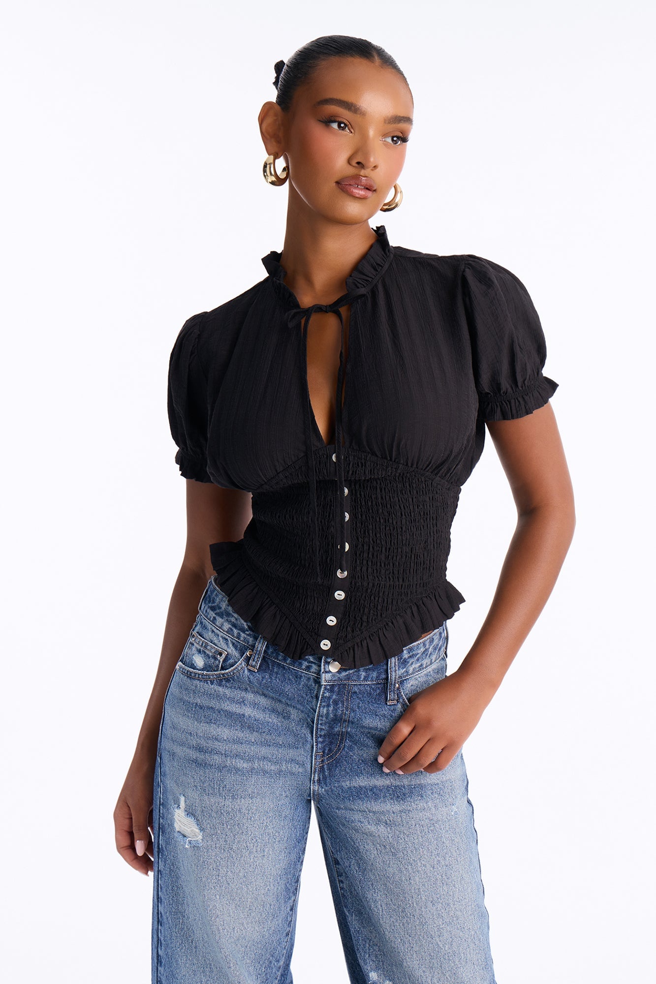 Give To You Smocked Puff Sleeve Blouse - Black image 5