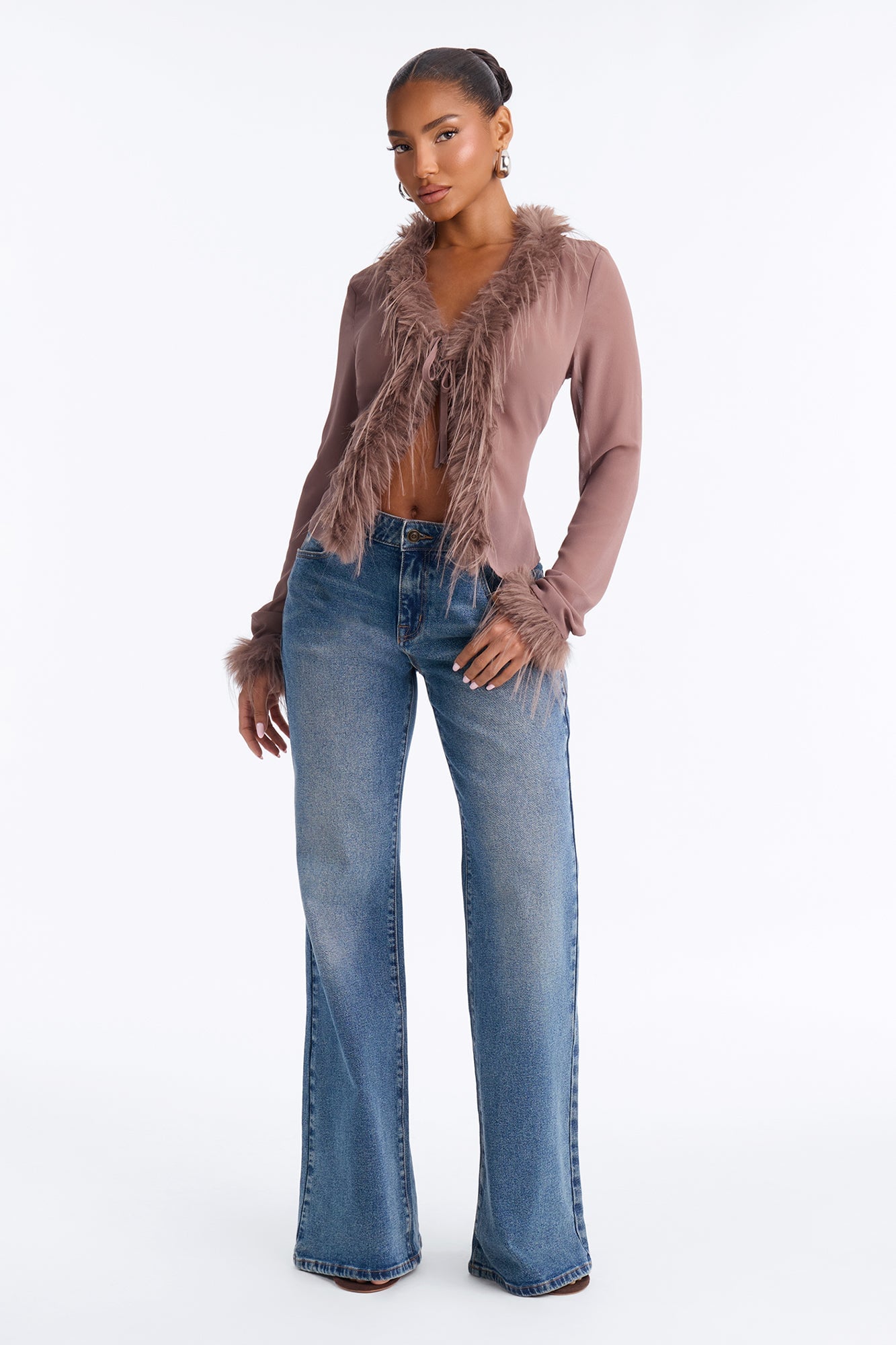 Simple Life Flyaway Fur Trim Top - Mocha image 6
