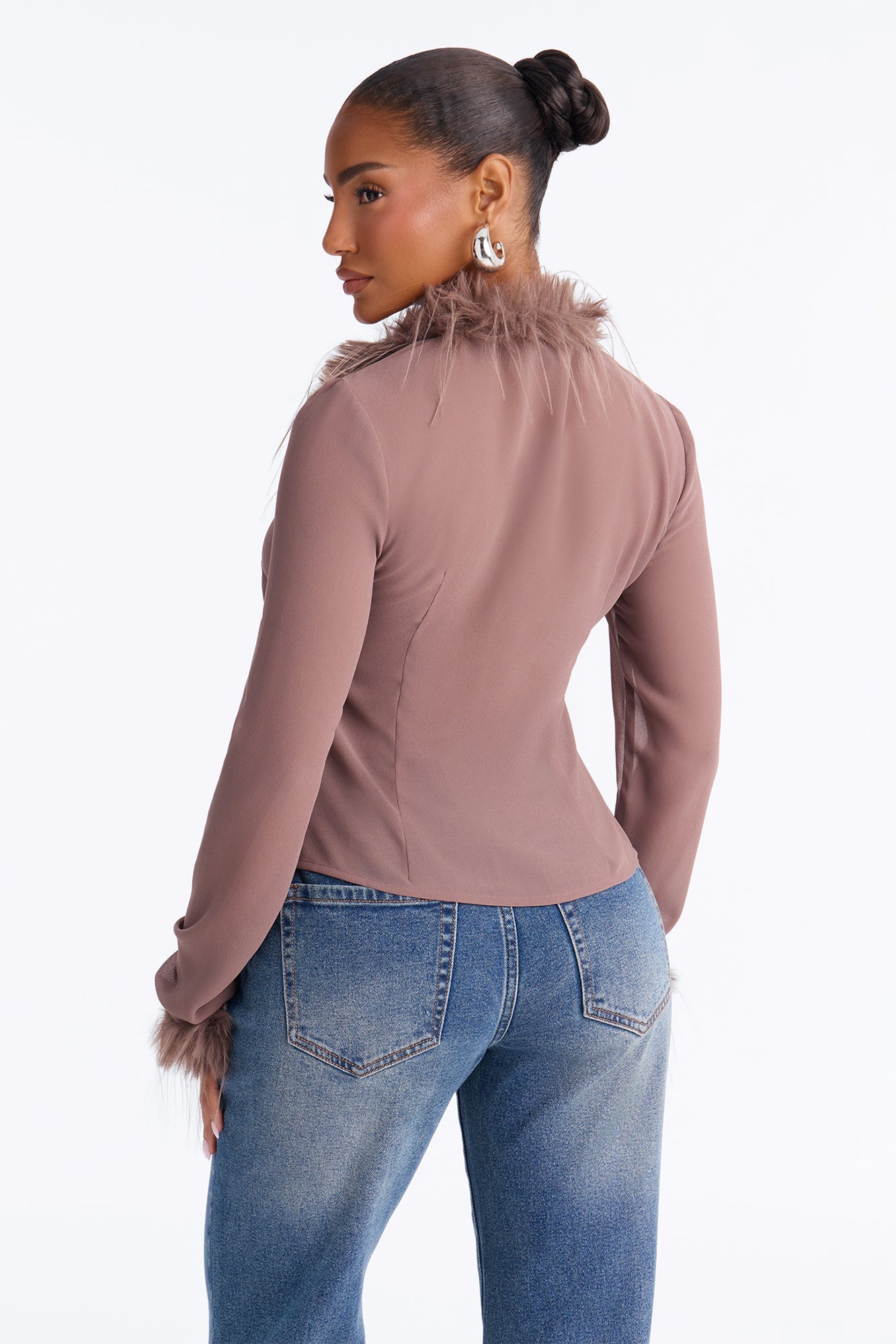 Simple Life Flyaway Fur Trim Top - Mocha image 8