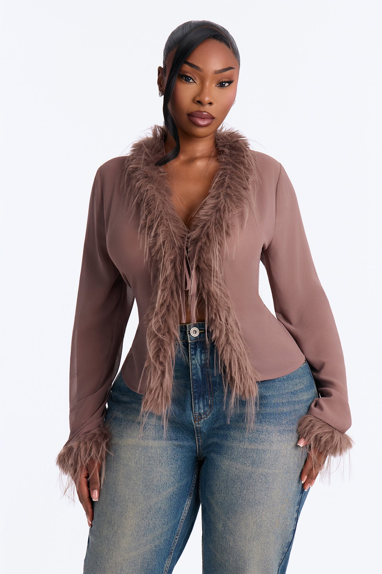 Simple Life Flyaway Fur Trim Top - Mocha image 2