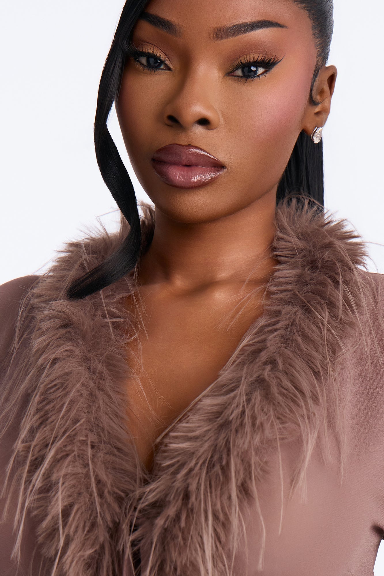 Simple Life Flyaway Fur Trim Top - Mocha image 3