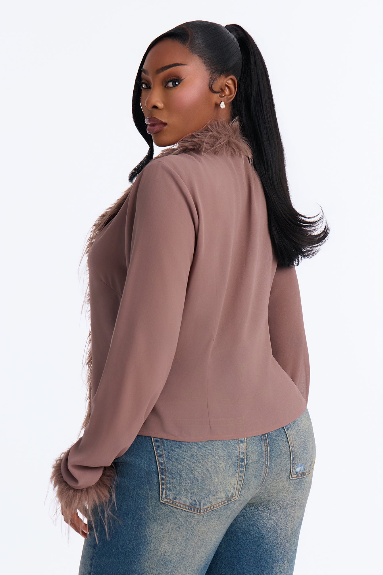 Simple Life Flyaway Fur Trim Top - Mocha image 4