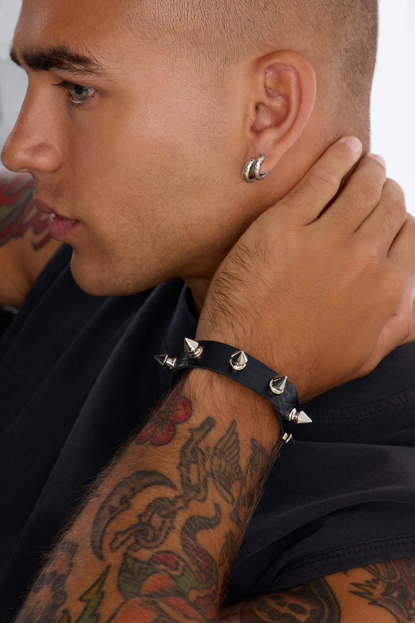 Grunge Studded Faux Leather Bracelet - Black/Silver image 2