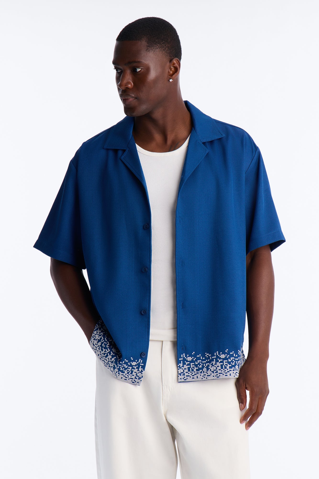 Relaxed Cascade Embroidered Cuban Button Up Shirt - Navy/combo image 5