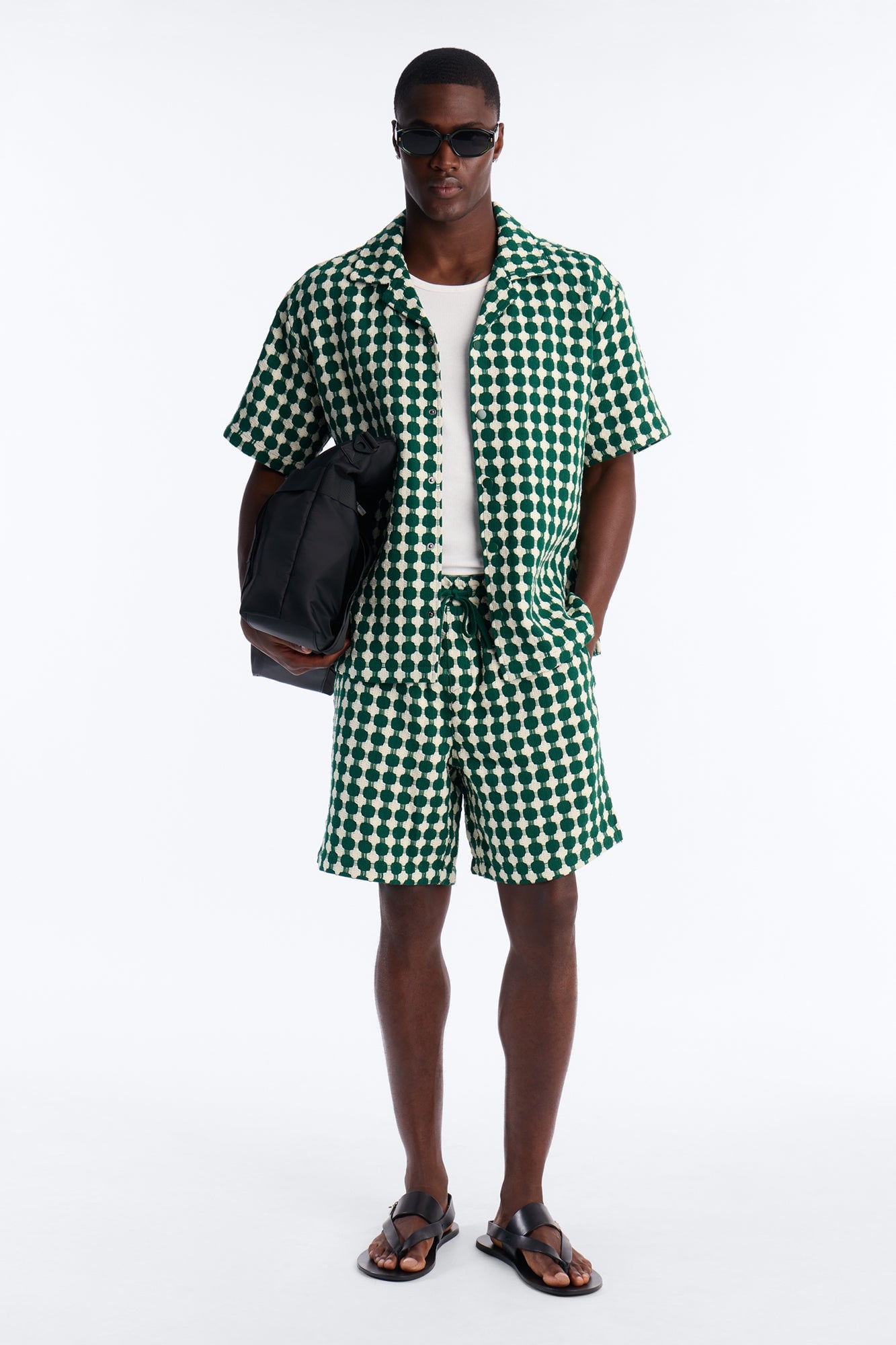 Relaxed Weaved Jacquard Cuban Collar Button Up Shirt - Green/combo image 6