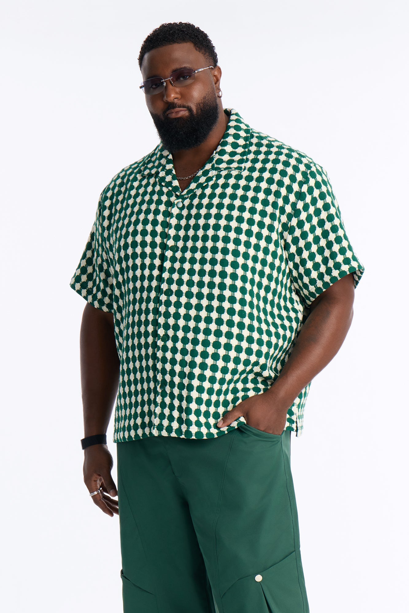 Relaxed Weaved Jacquard Cuban Collar Button Up Shirt - Green/combo image 1