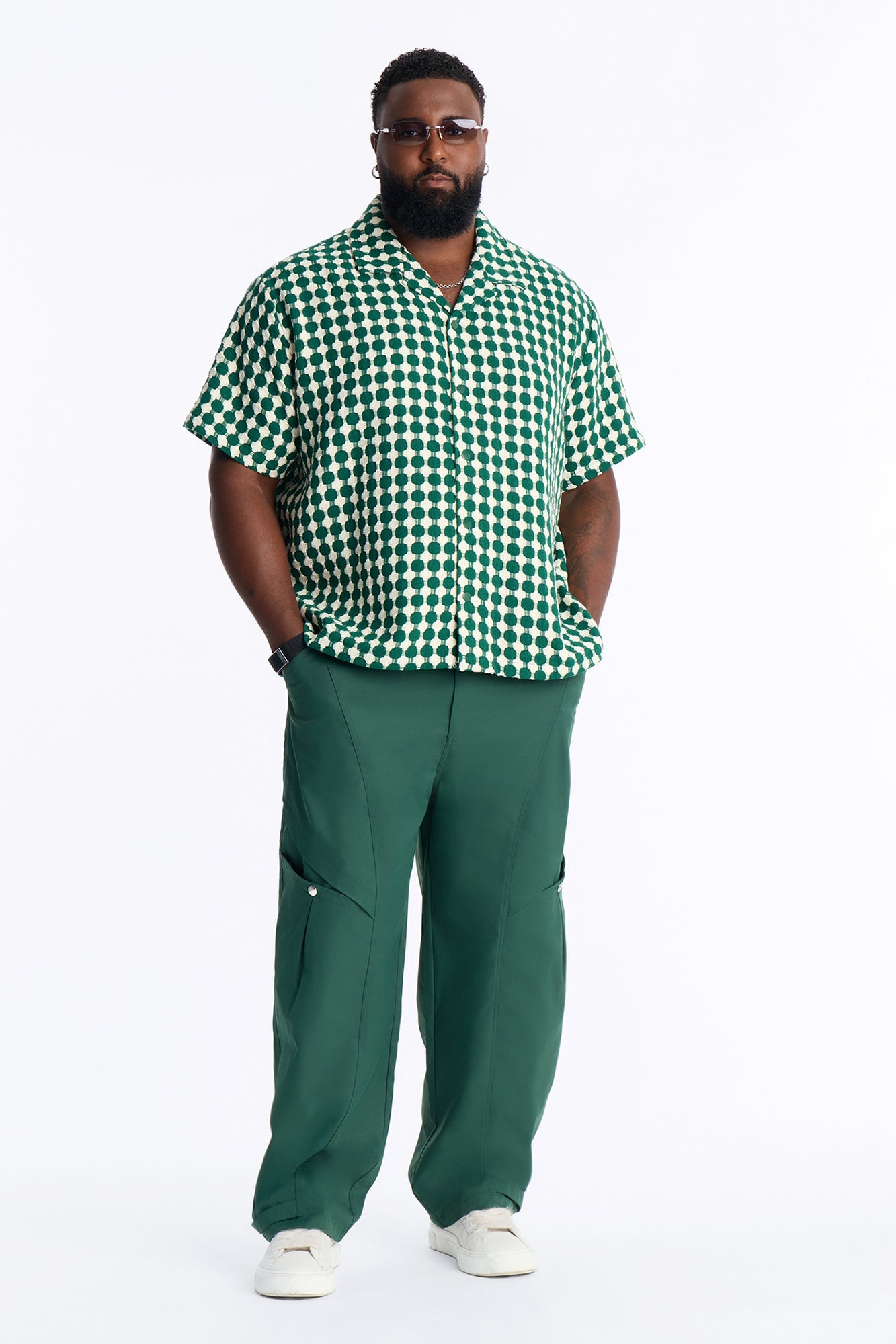 Relaxed Weaved Jacquard Cuban Collar Button Up Shirt - Green/combo image 2