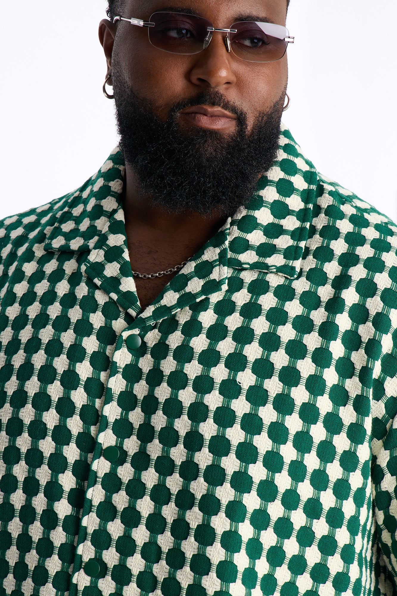 Relaxed Weaved Jacquard Cuban Collar Button Up Shirt - Green/combo image 3
