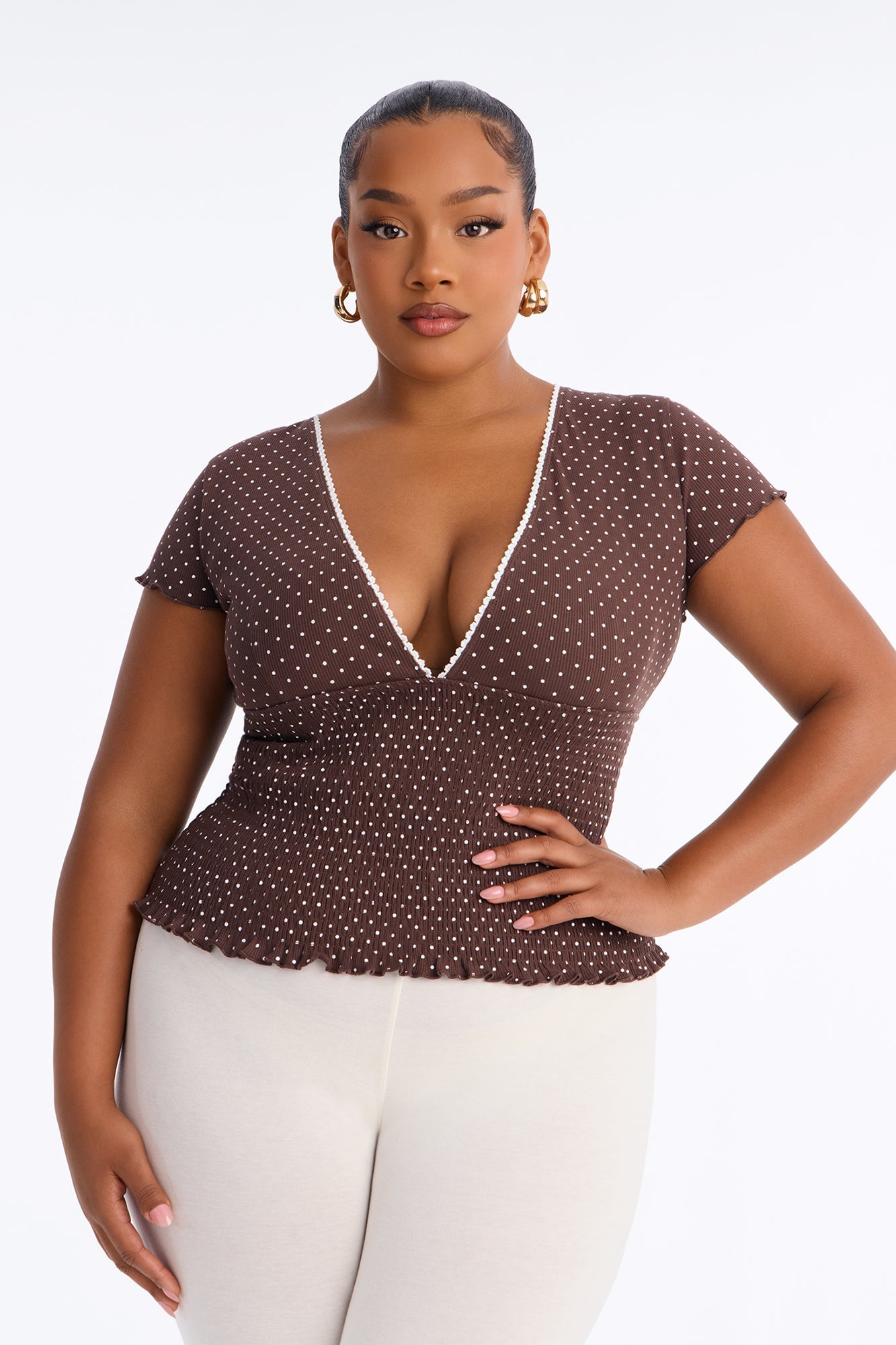 Marie Polka Dot Short Sleeve Smocked Top - Chocolate/Combo image 1