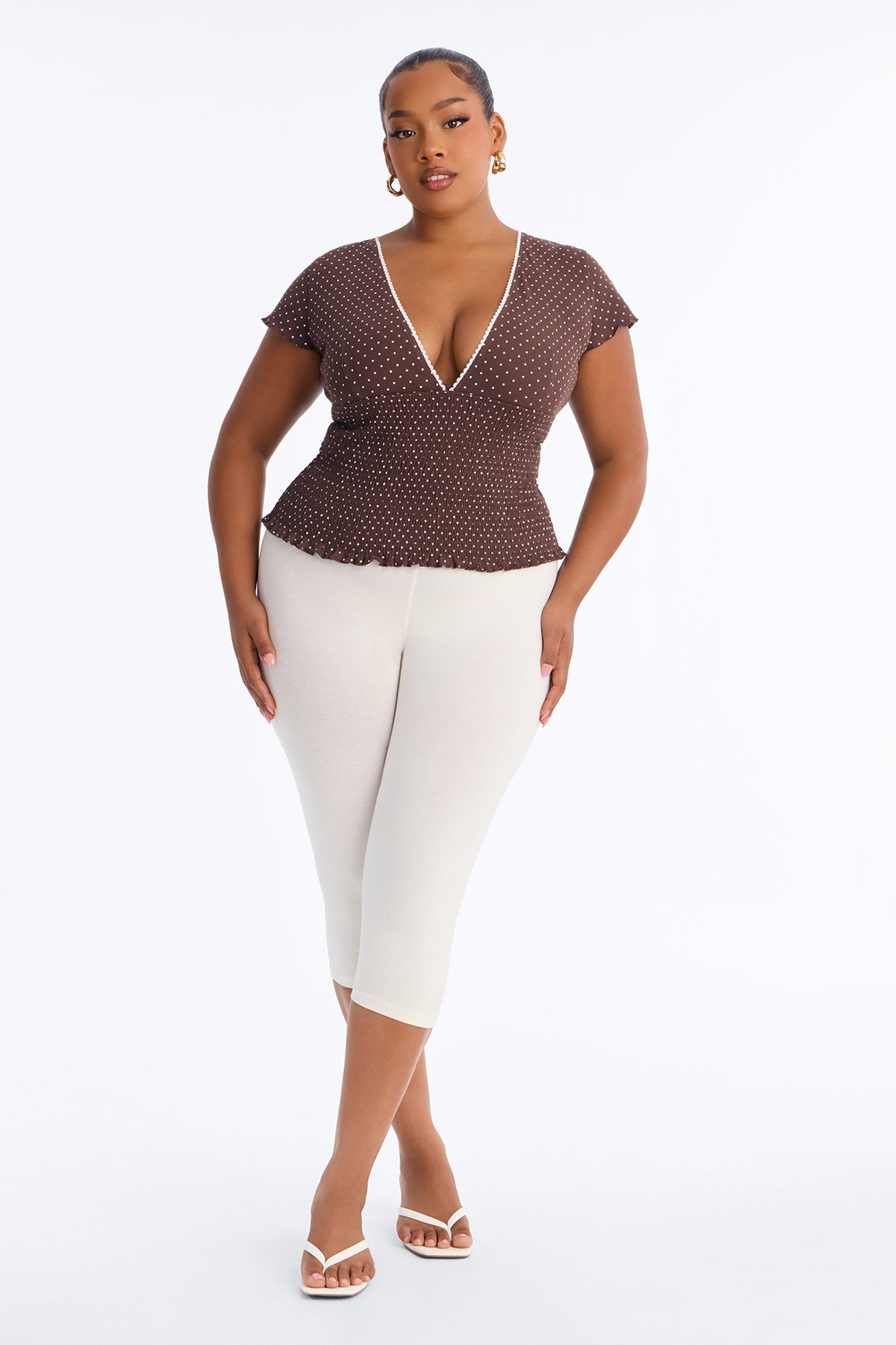 Marie Polka Dot Short Sleeve Smocked Top - Chocolate/Combo image 2