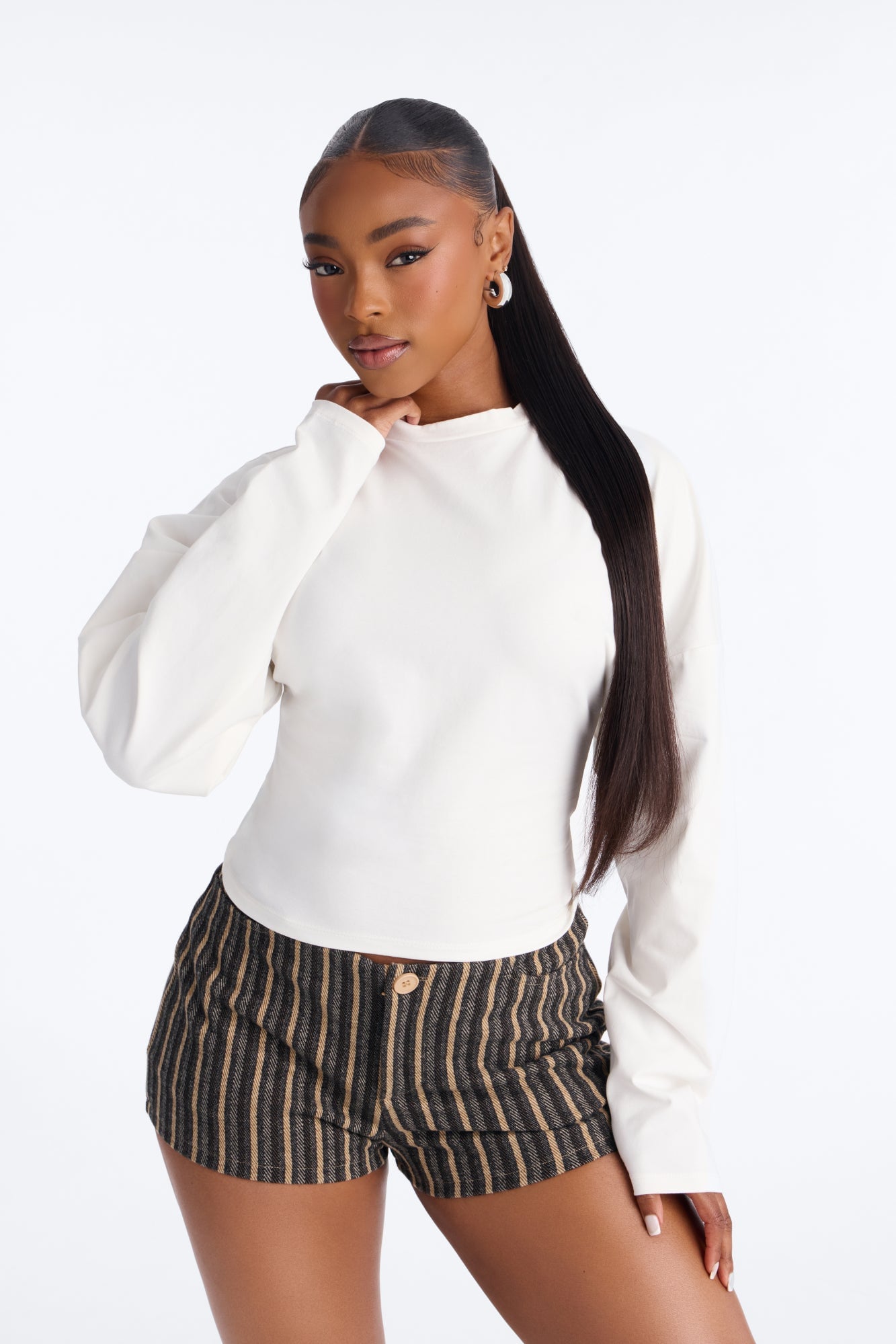 Krissy Cinched Waist Long Sleeve T-Shirt - Cream image 5