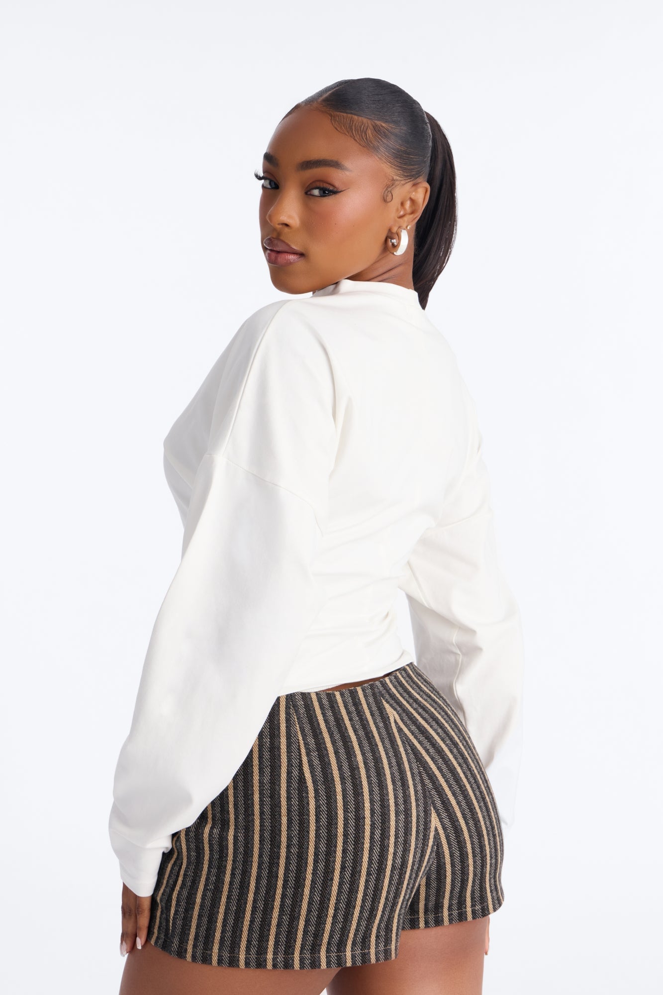 Krissy Cinched Waist Long Sleeve T-Shirt - Cream image 8