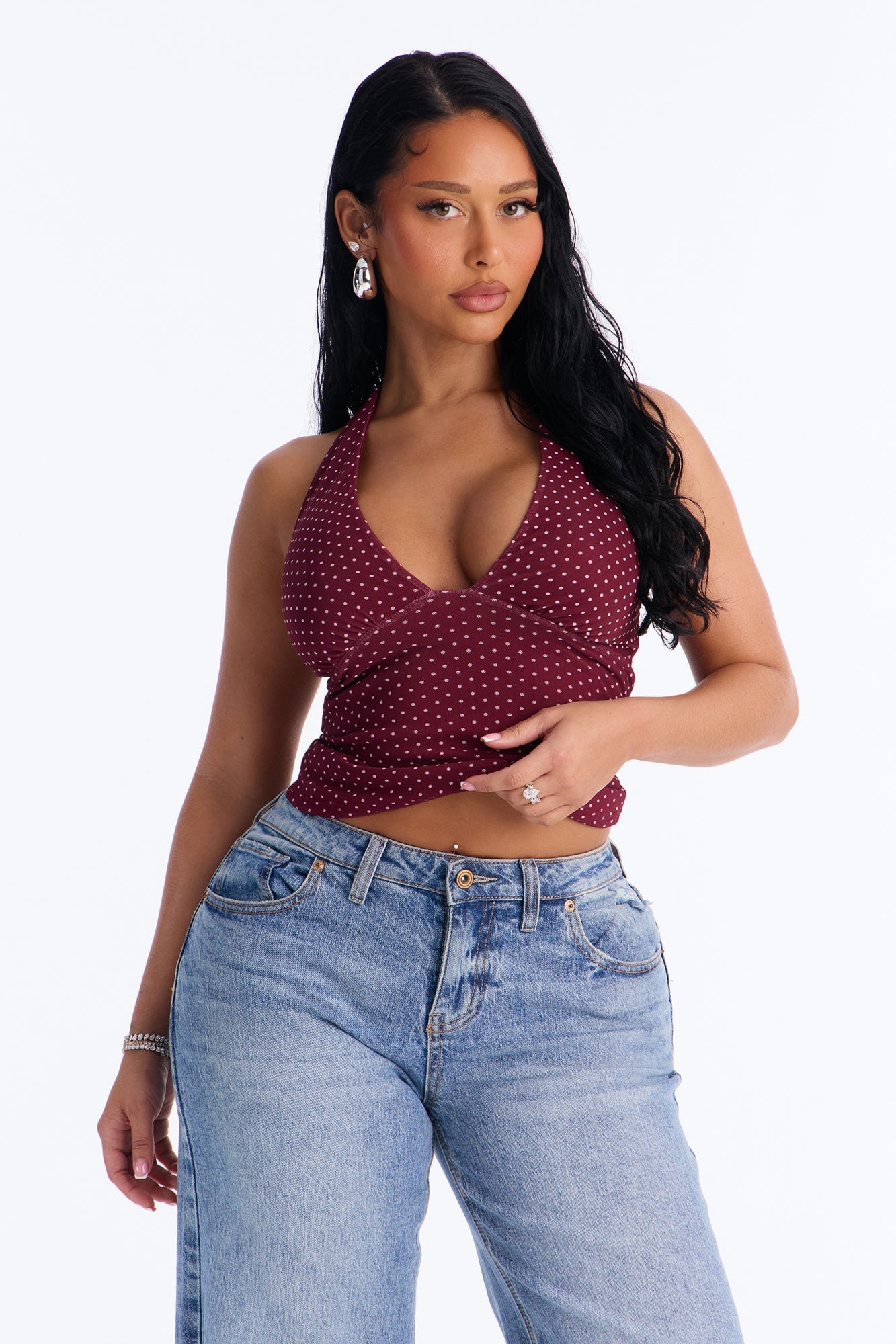 Chloe Mesh Polka Dot Halter Top - Burgundy/combo image 5
