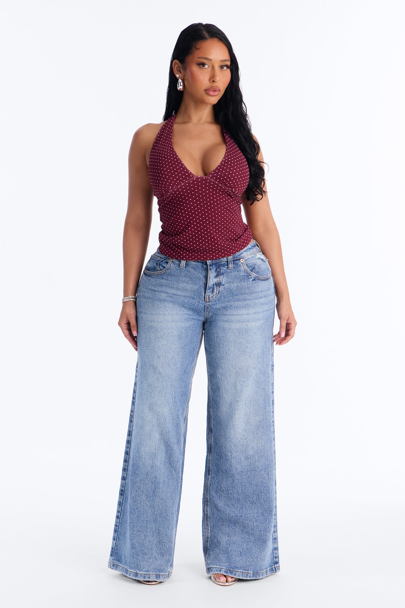 Chloe Mesh Polka Dot Halter Top - Burgundy/combo image 6
