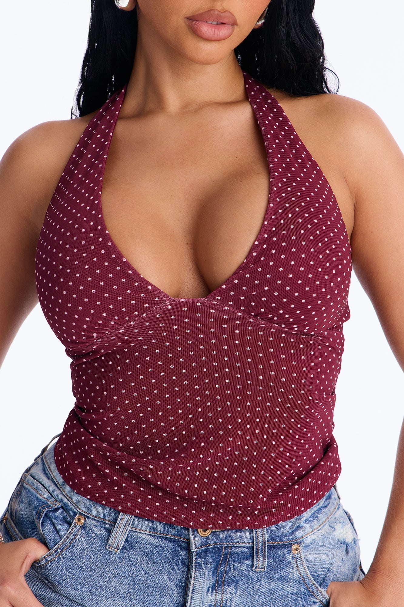 Chloe Mesh Polka Dot Halter Top - Burgundy/combo image 7