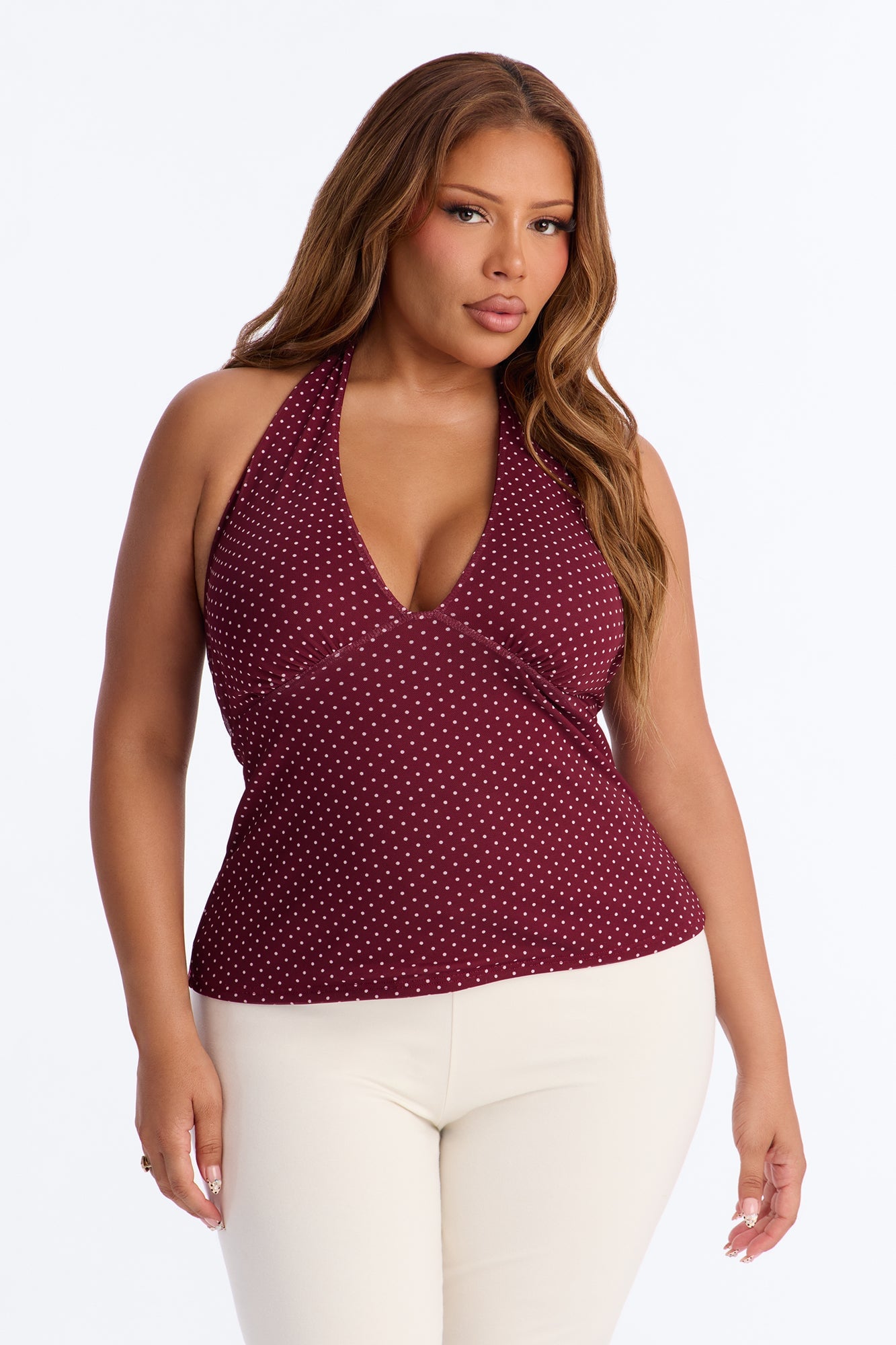 Chloe Mesh Polka Dot Halter Top - Burgundy/combo image 2