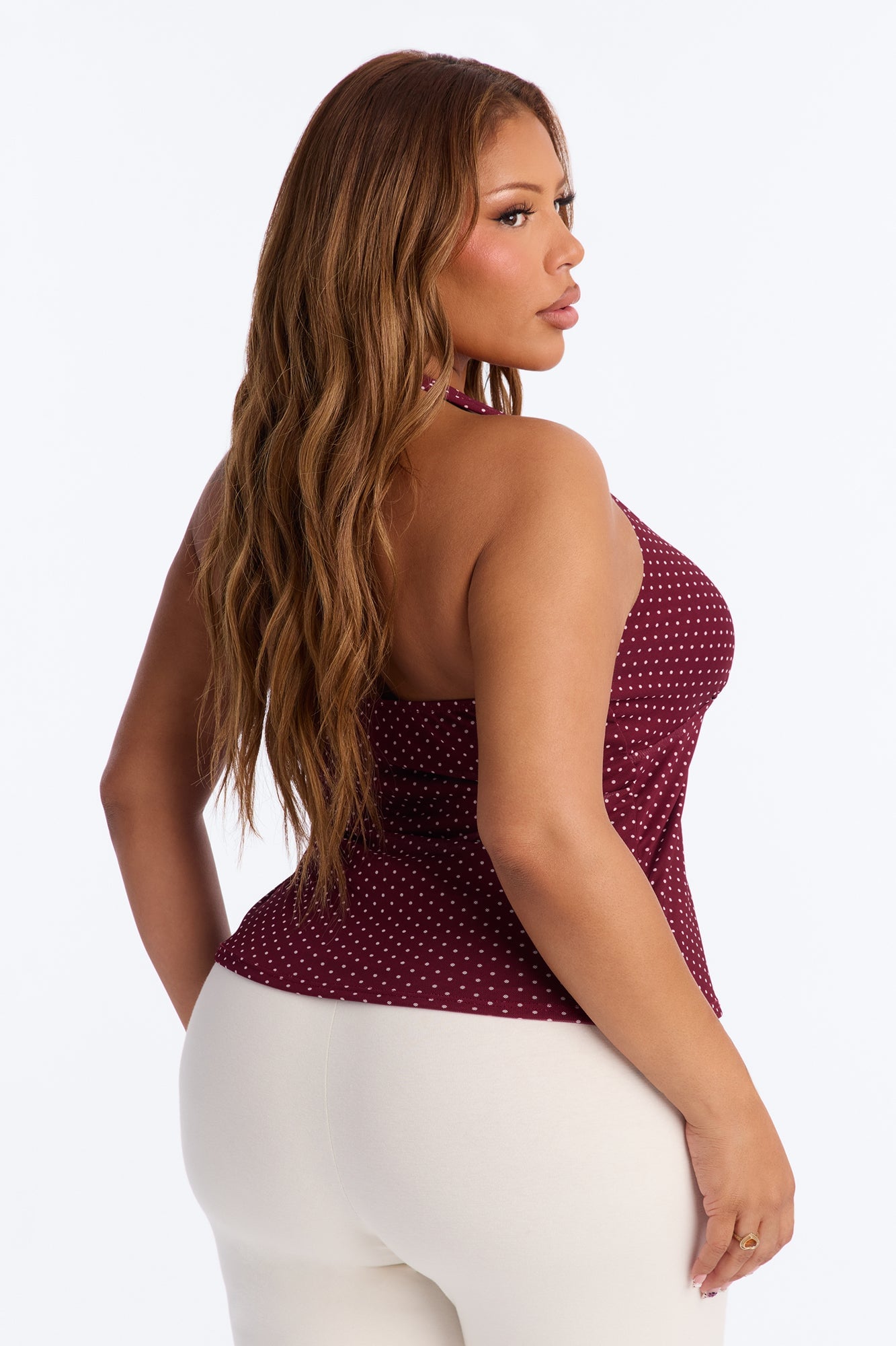 Chloe Mesh Polka Dot Halter Top - Burgundy/combo image 4