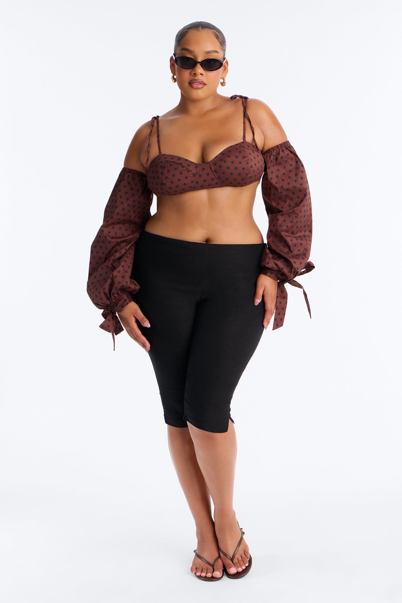 Cool Girl Behavior Polka Dot Long Sleeve Bralette - Brown/combo image 2