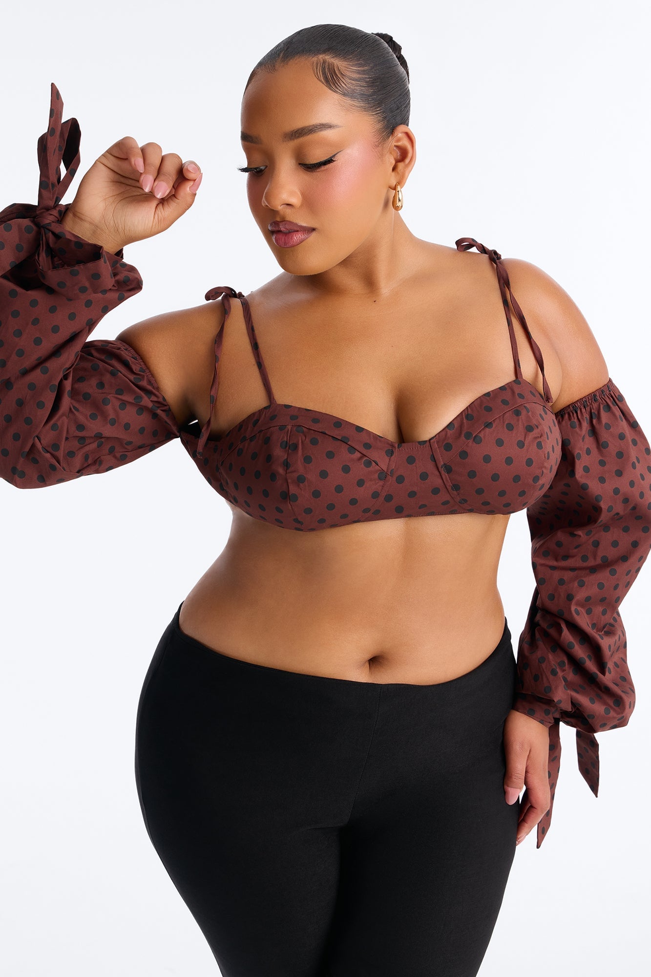 Cool Girl Behavior Polka Dot Long Sleeve Bralette - Brown/combo image 3