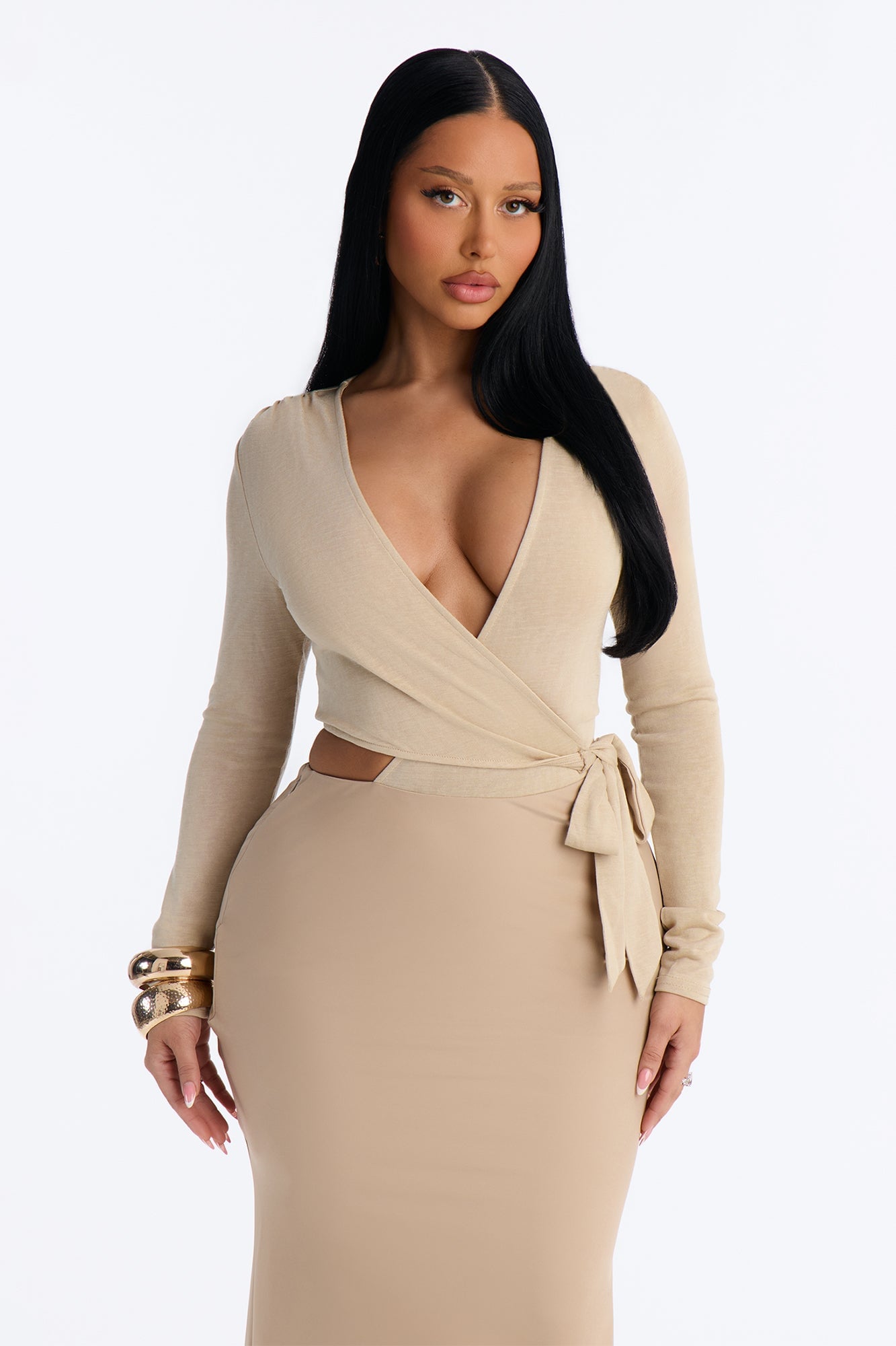 Sunday In Soho Long Sleeve Satin Maxi Dress - Taupe image 2