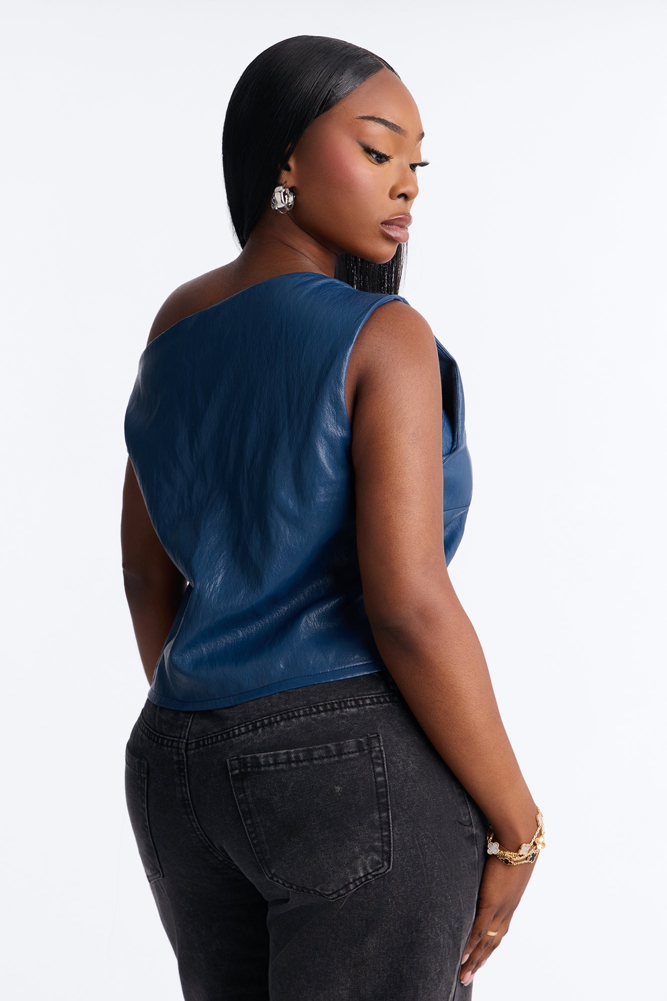 Luna Strappy Faux Leather Top - Navy image 4