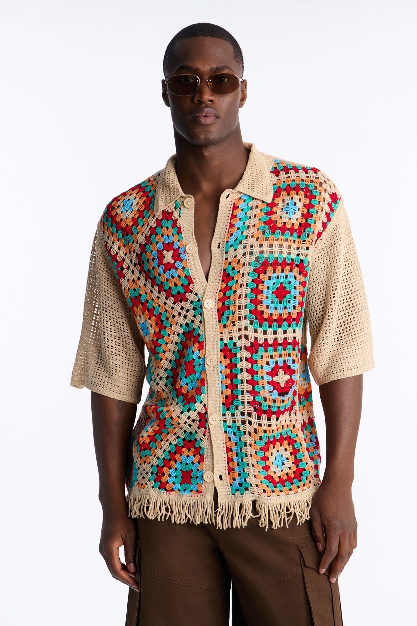 La Playa Crochet Fringe Johnny Collar Button Up Shirt - Taupe/combo image 5