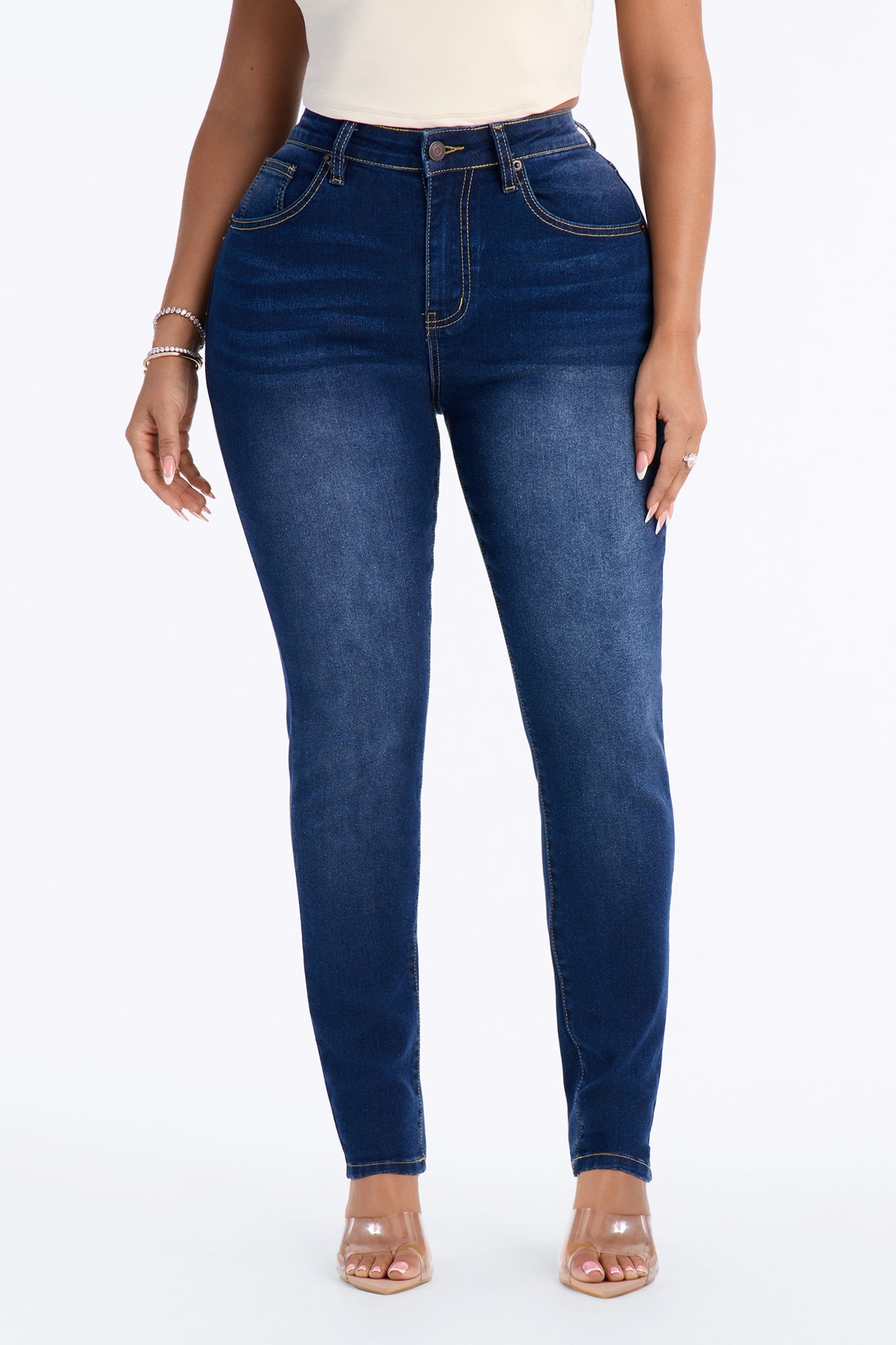 Going Uptown Mid Rise Stretch Skinny Jeans - Dark Wash image 6
