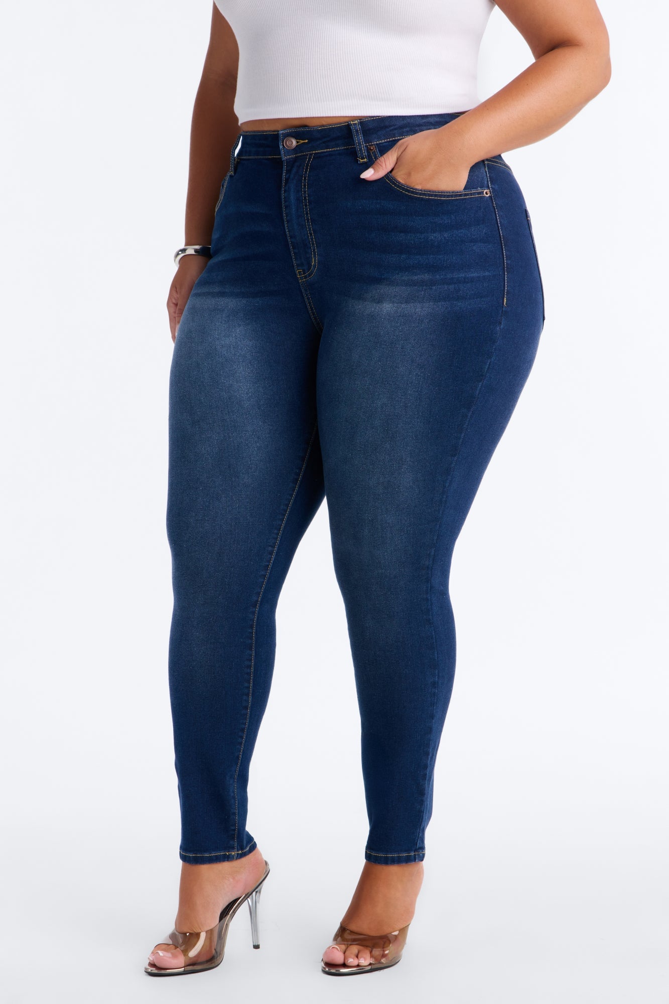 Going Uptown Mid Rise Stretch Skinny Jeans - Dark Wash image 2