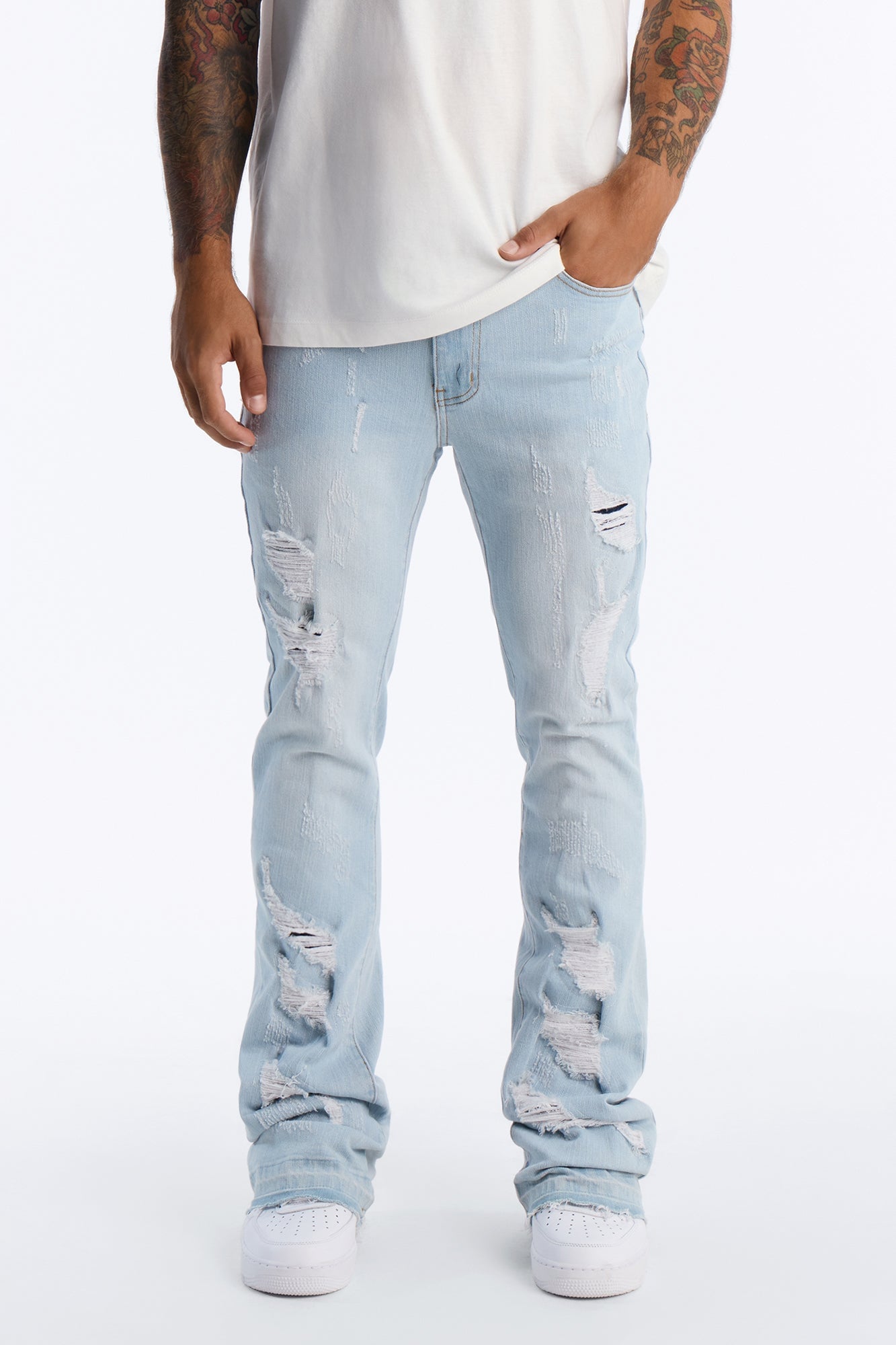 Cuff Me Stacked Skinny Flared Jeans - Light Blue Wash image 5