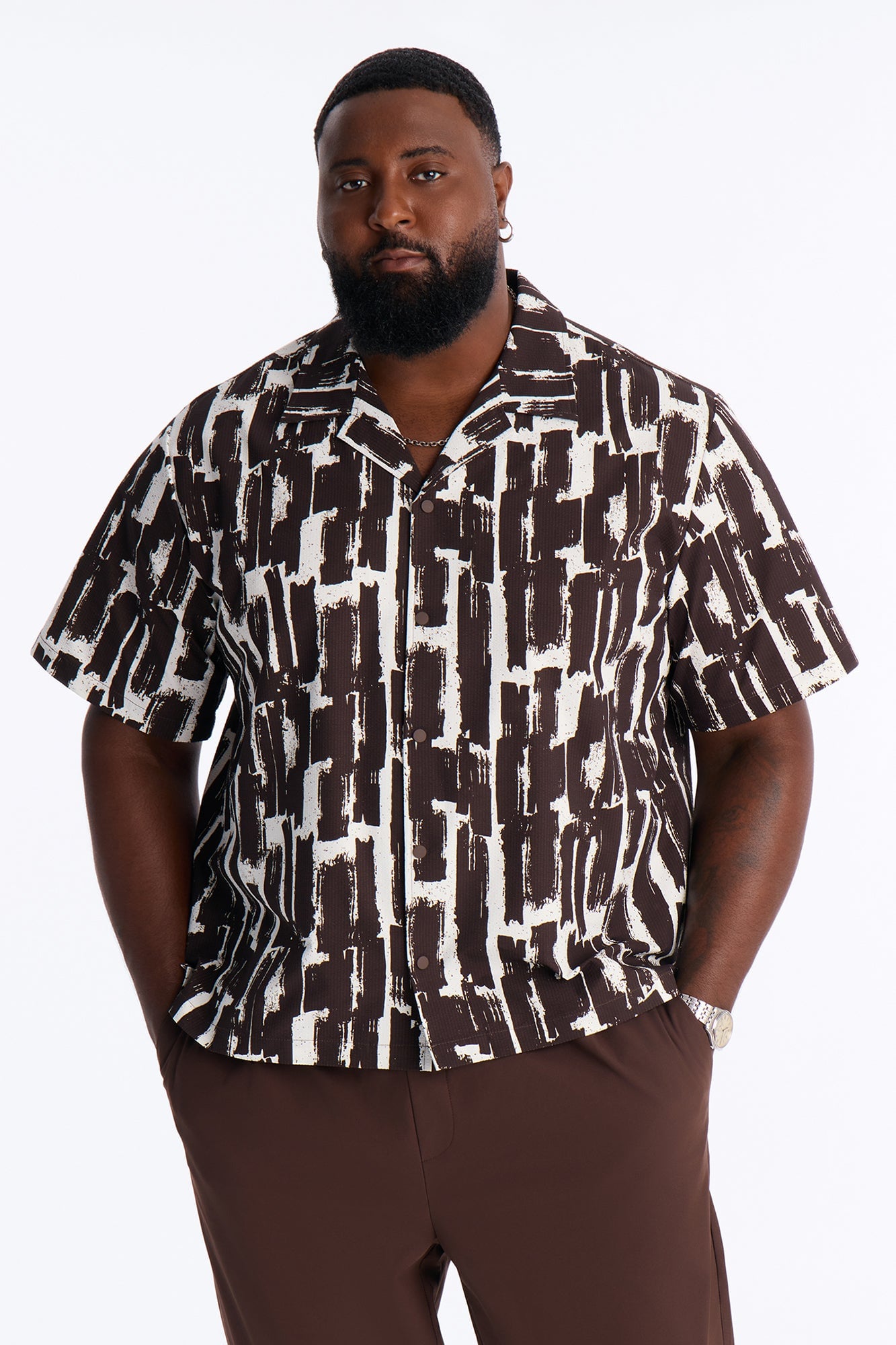 Seersucker Printed Short Sleeve Cuban Collar Shirt - Brown/combo image 1