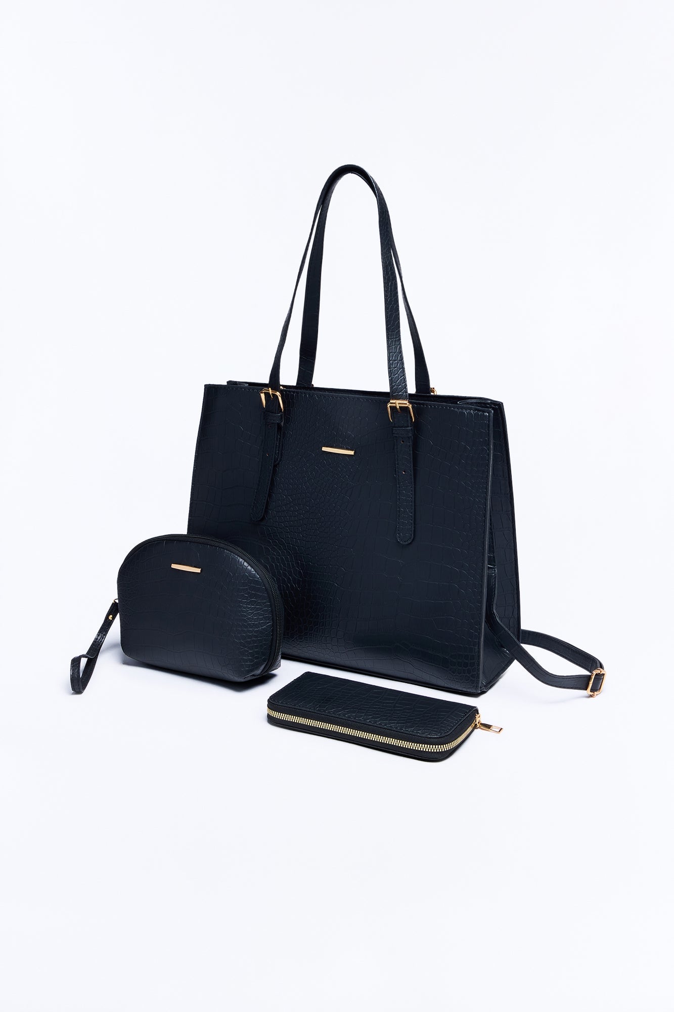 More Than A Faux Leather 3 Piece Tote Handbag Set - Black image 3