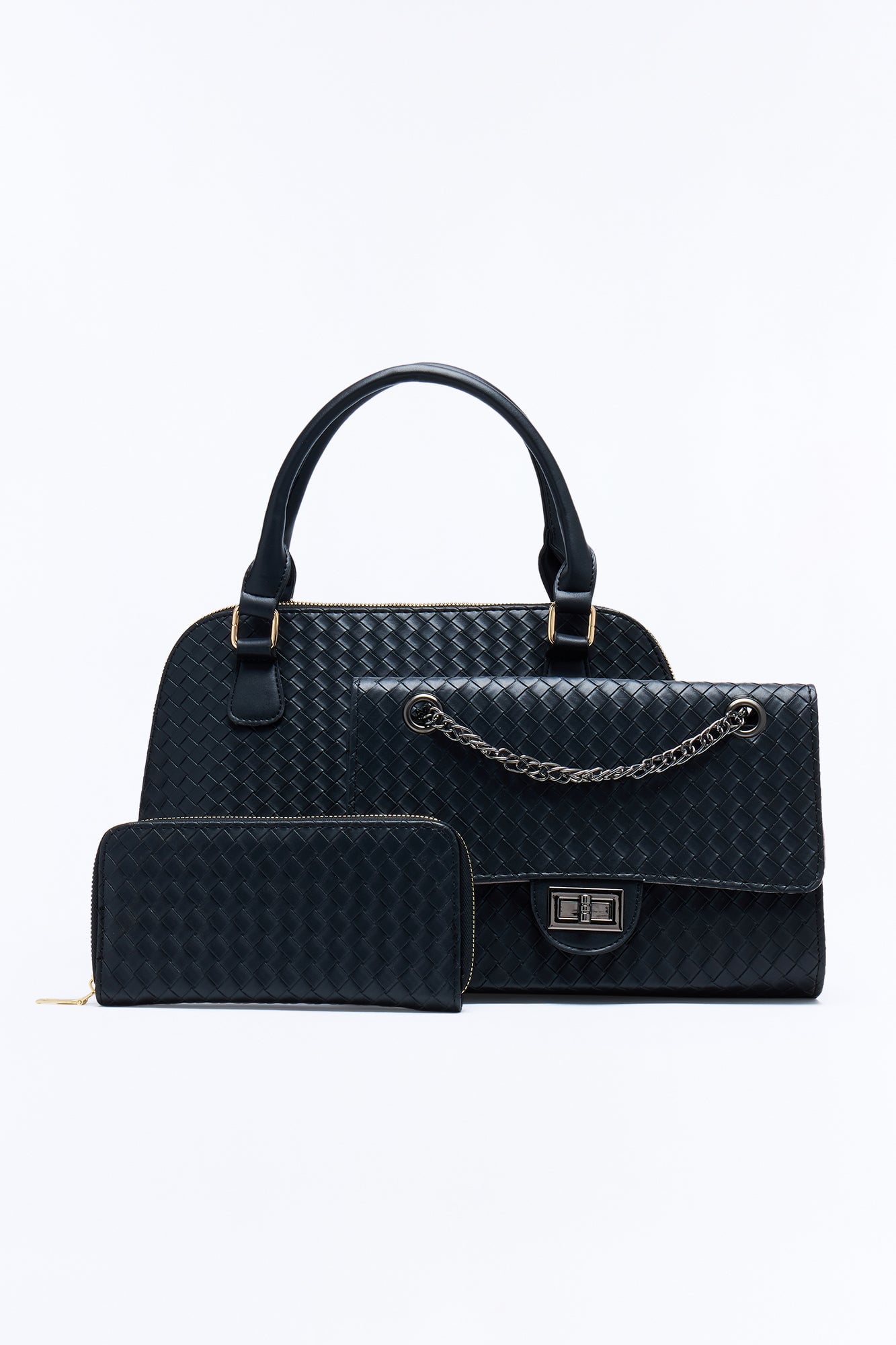 Bag It Up Faux Leather 3 Piece Satchel Handbag Set - Black image 4