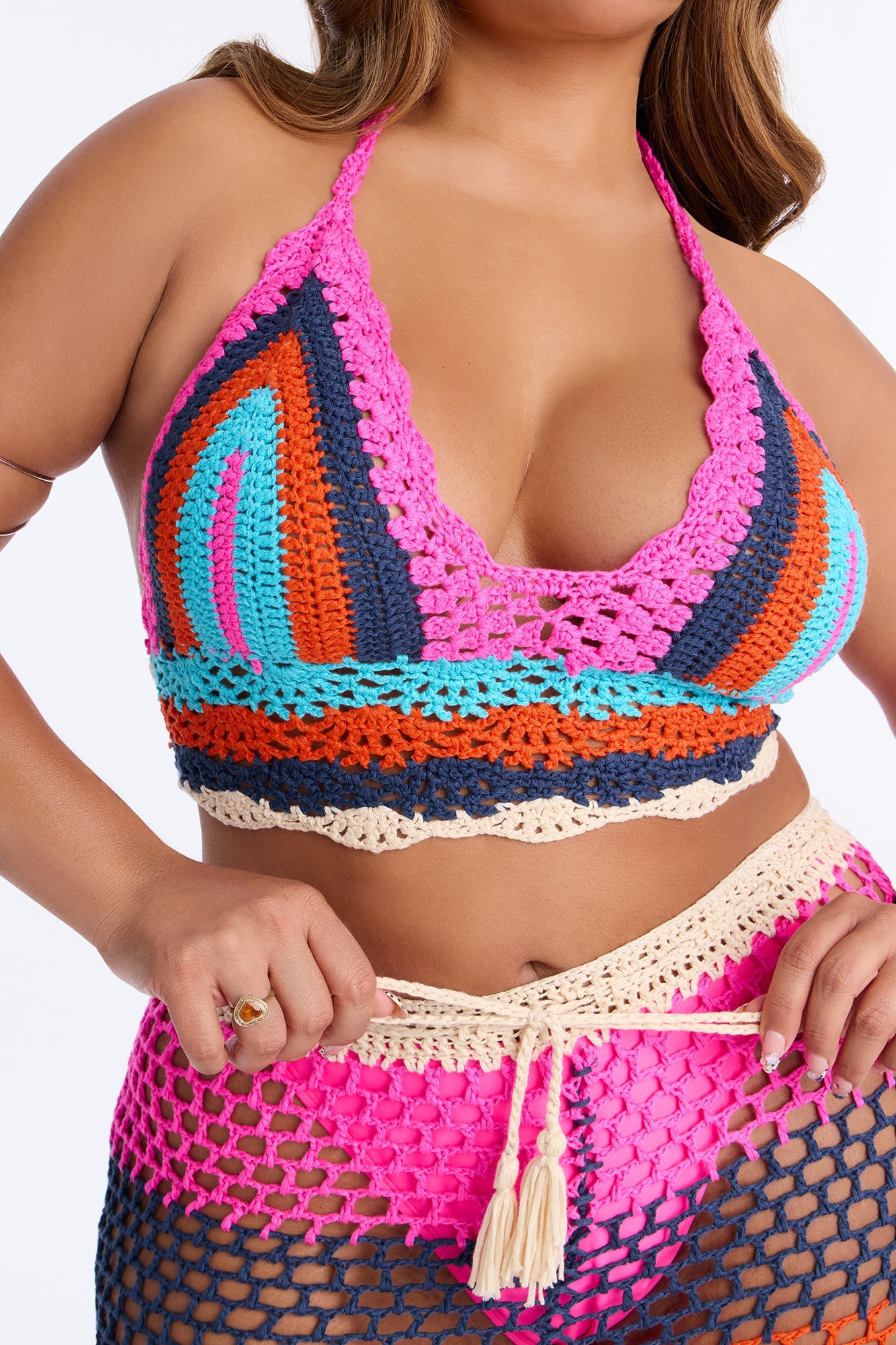Priscilla Crochet 2 Piece Sunsuit Pants Set - Hot Pink/combo image 3
