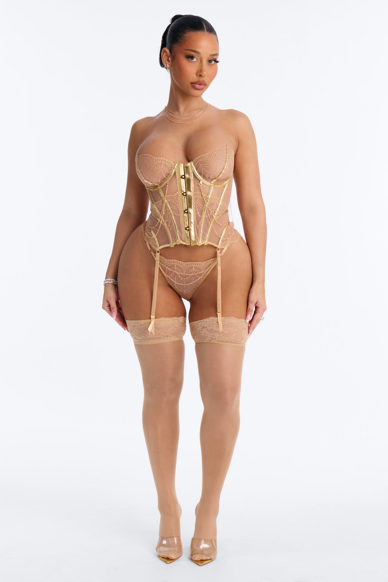 Lucia Mesh Embroidered 3 Piece Corset And Thigh High Set - Gold image 1