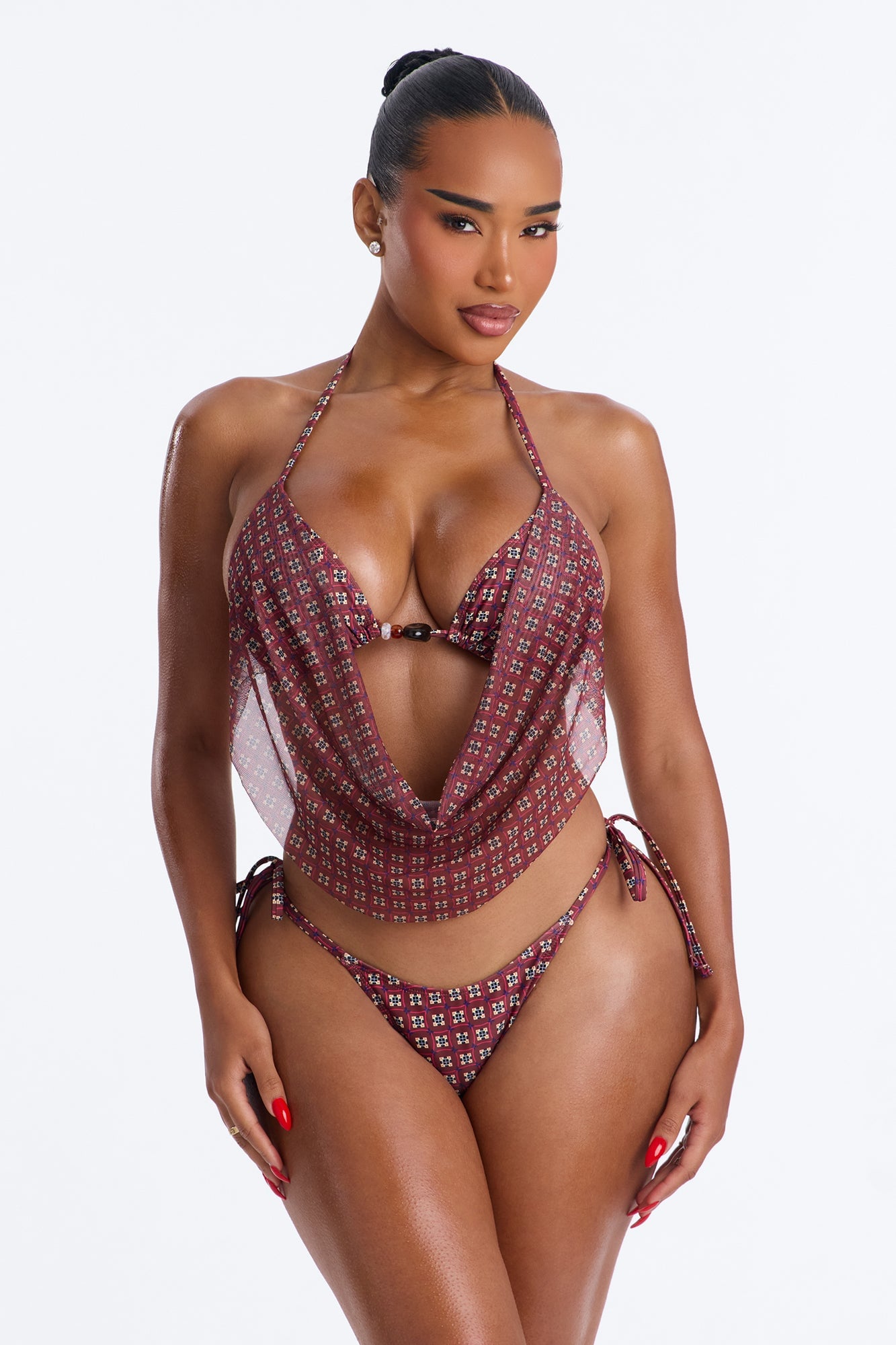 Lola Beaded 3 Piece Triangle Bikini & Mesh Cover Up Skirt Sunsuit - Brown/combo image 9