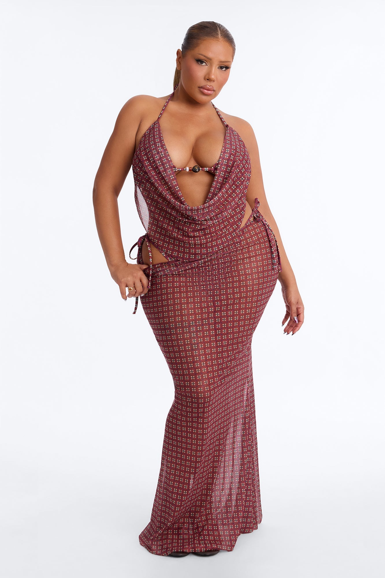 Lola Beaded 3 Piece Triangle Bikini & Mesh Cover Up Skirt Sunsuit - Brown/combo image 1