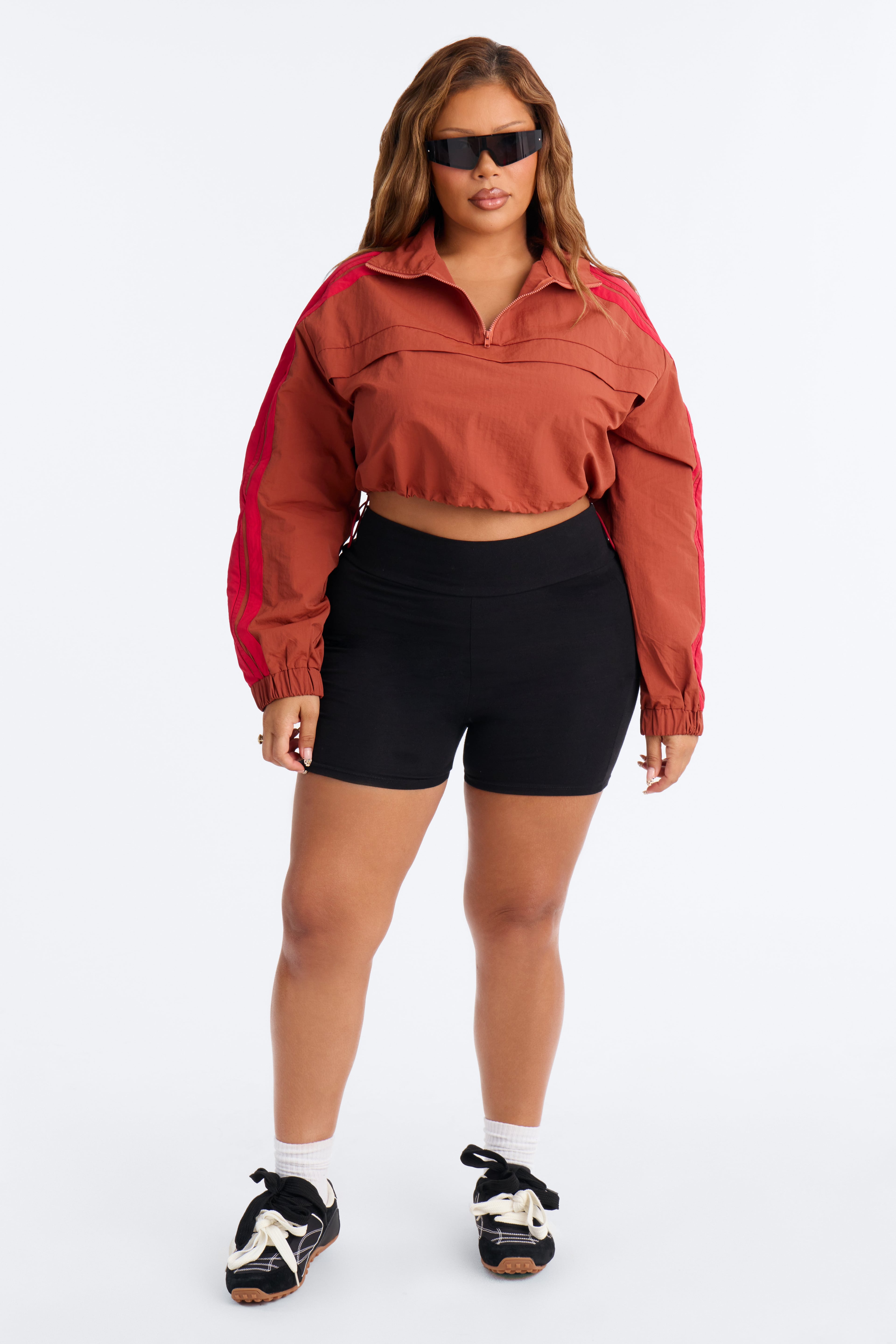 Power Moves Cropped Half Zip Funnel Neck Windbreaker Jacket - Rust/combo image 2