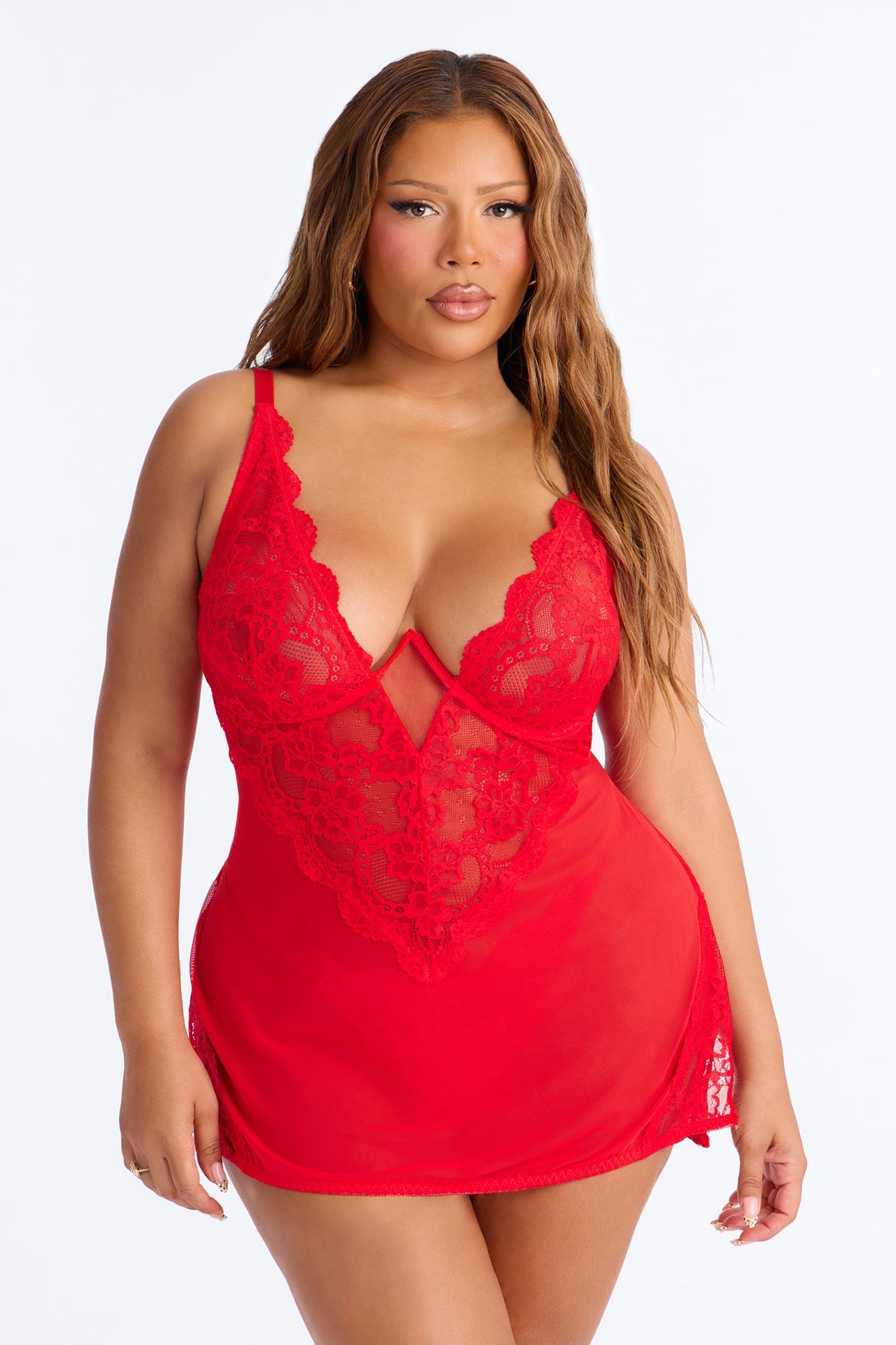 Mariella Mesh Lace Chemise - Red image 1