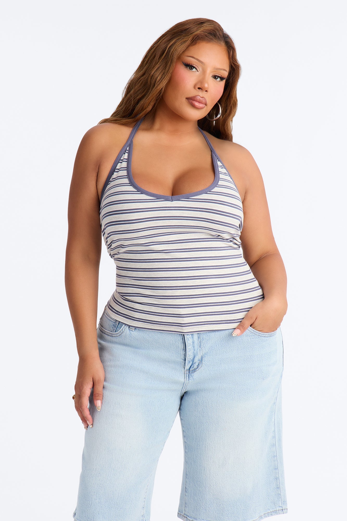 Kaylee Striped Ribbed Halter Top - HeatherGrey image 2
