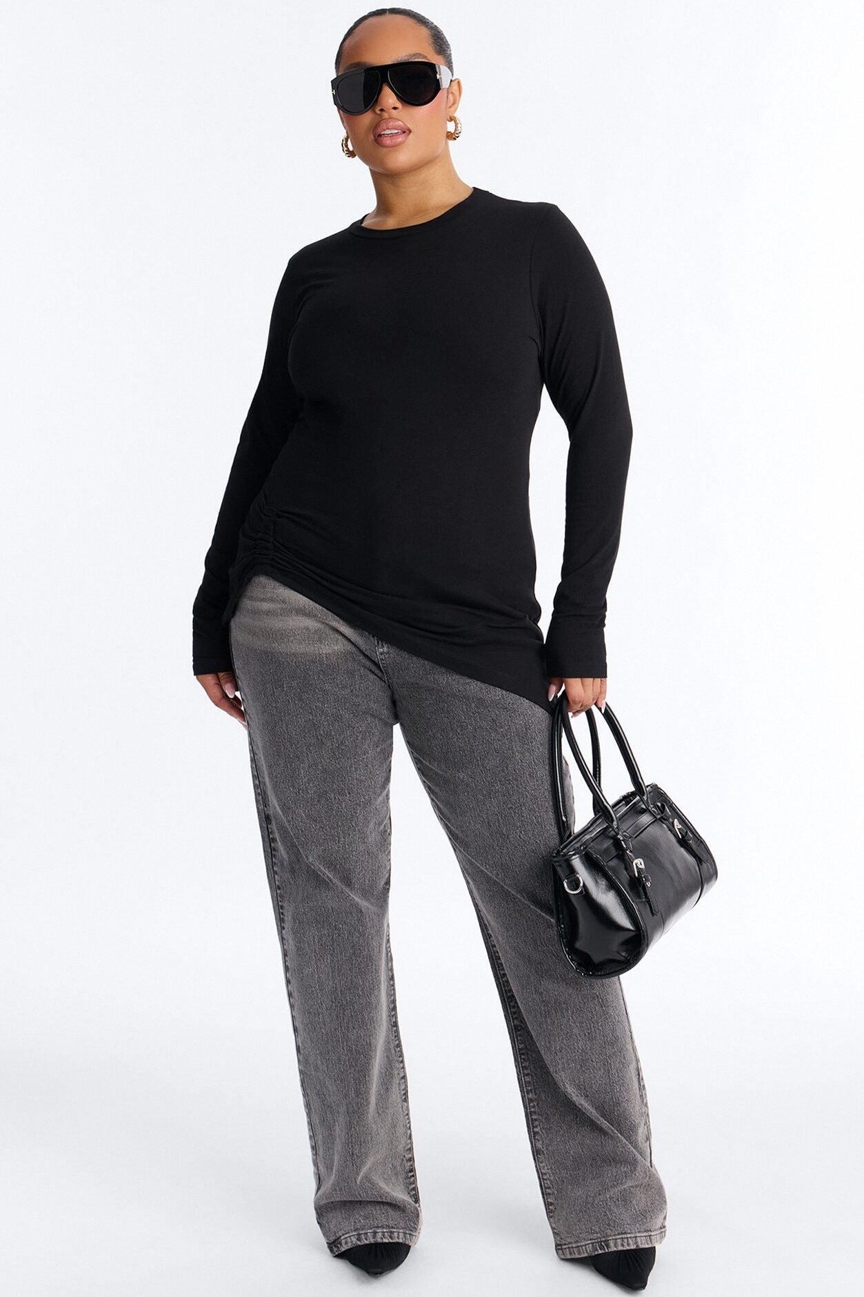 Soft Allure Ruched Asymmetrical Long Sleeve Top - Black image 1