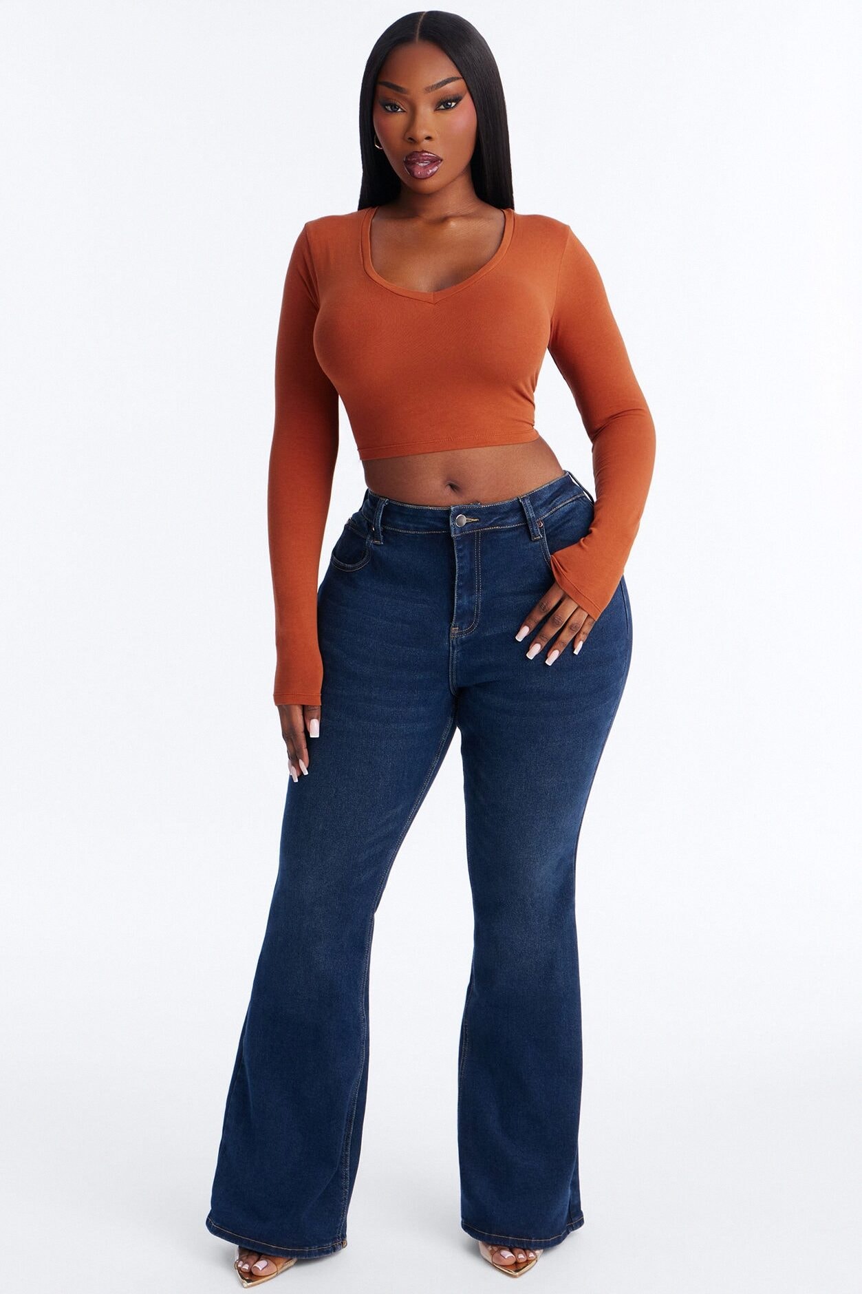 Carly V Neck Crop Long Sleeve Tee - Rust image 1