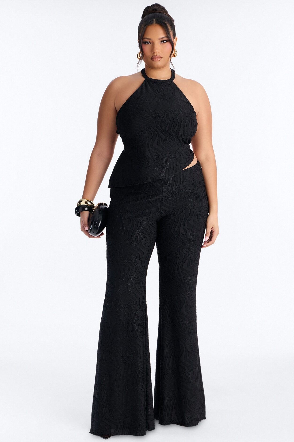 So In Love Textured Halter Flare Pant Set - Black image 1