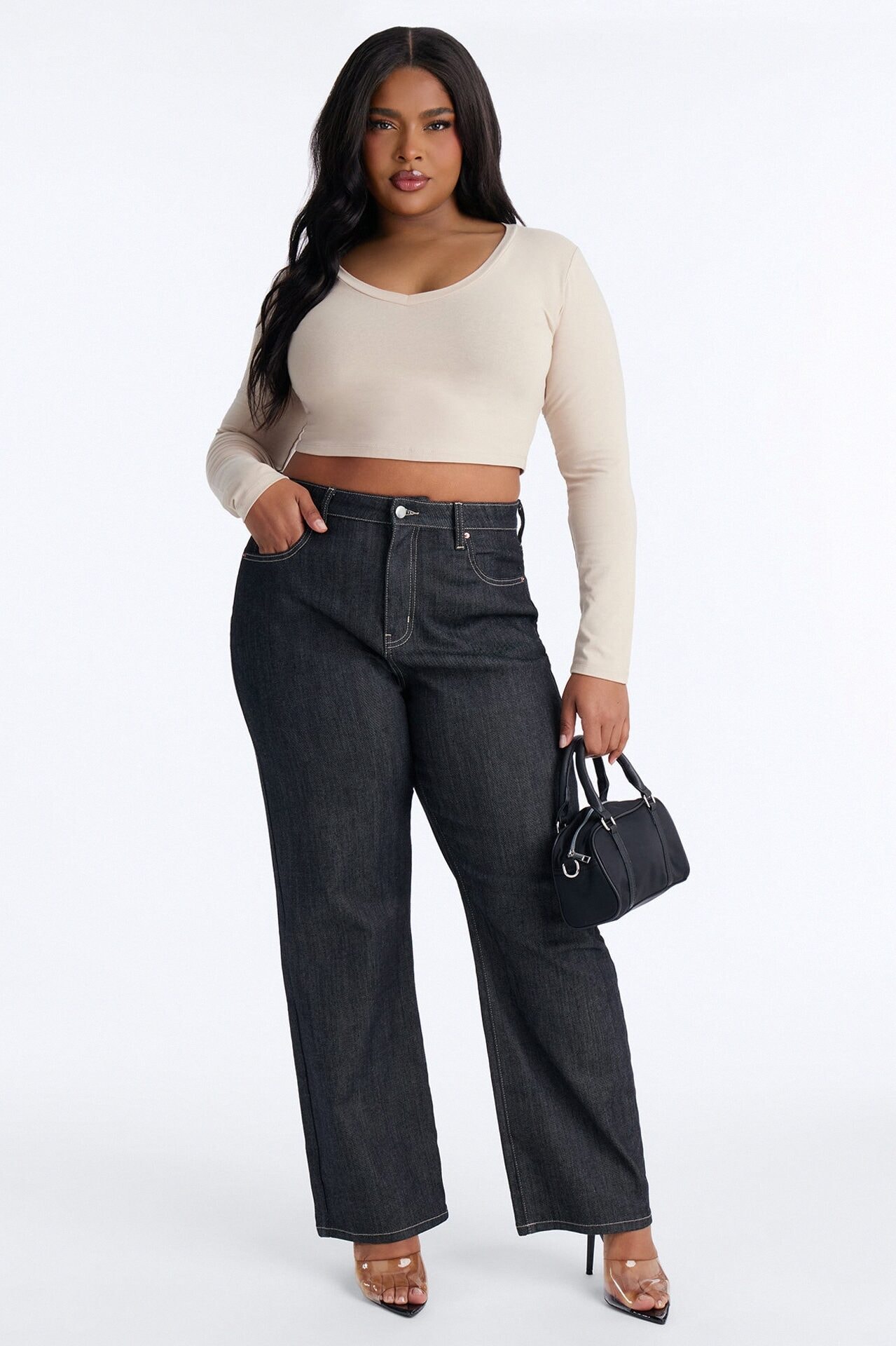 Carly V Neck Crop Long Sleeve Tee - Stone image 1