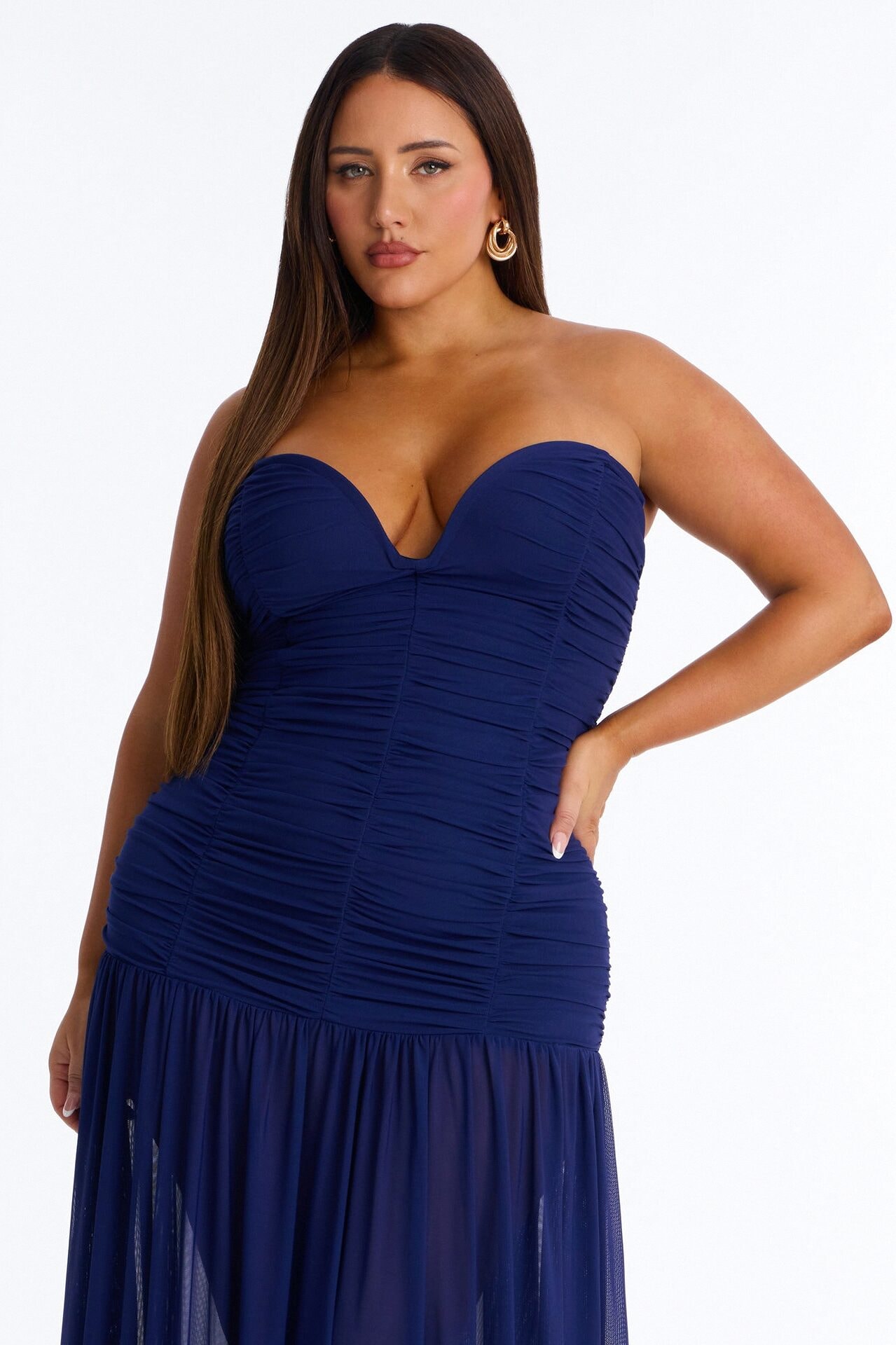 Soft Glam Ruched Mesh Gown - Navy image 1