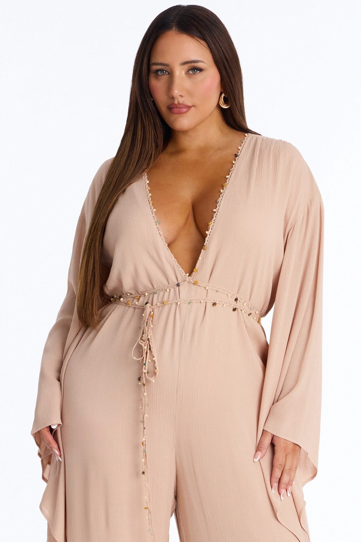 Mailey Beaded Tie Waist Wide Leg Jumpsuit - Tan image 1